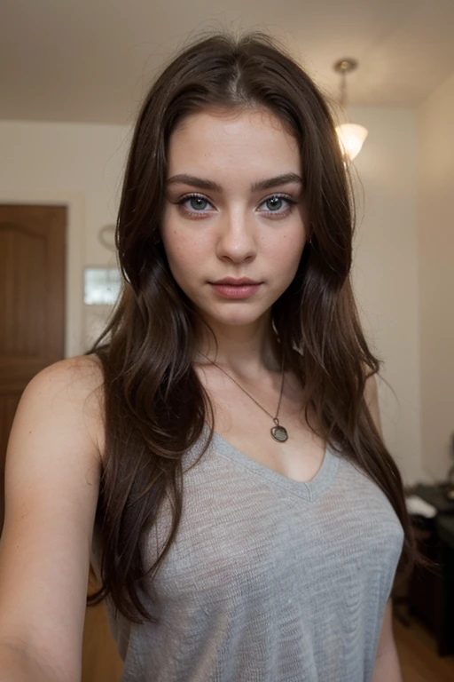 (Please generate an image of a young woman wearing a shirt and necklace. She has brown hair, bigger, eBlue eyes, and a subtle, natural makeup. The photo should show that she has no obvious makeup, She should look directly into the camera. The face should look real and natural. Full body shots of this attractive woman should feature eye-catching poses, She has sharp blue eyes. The girl has a sweet temperament, And the posture should be sweet too. Please make sure the woman's entire naked body is visible in the image. The background should be clear、Neatness. The details of the image should be of high quality(Best quality at best)), ((tmasterpiece)), (Detailed pubic hair), s the perfect face