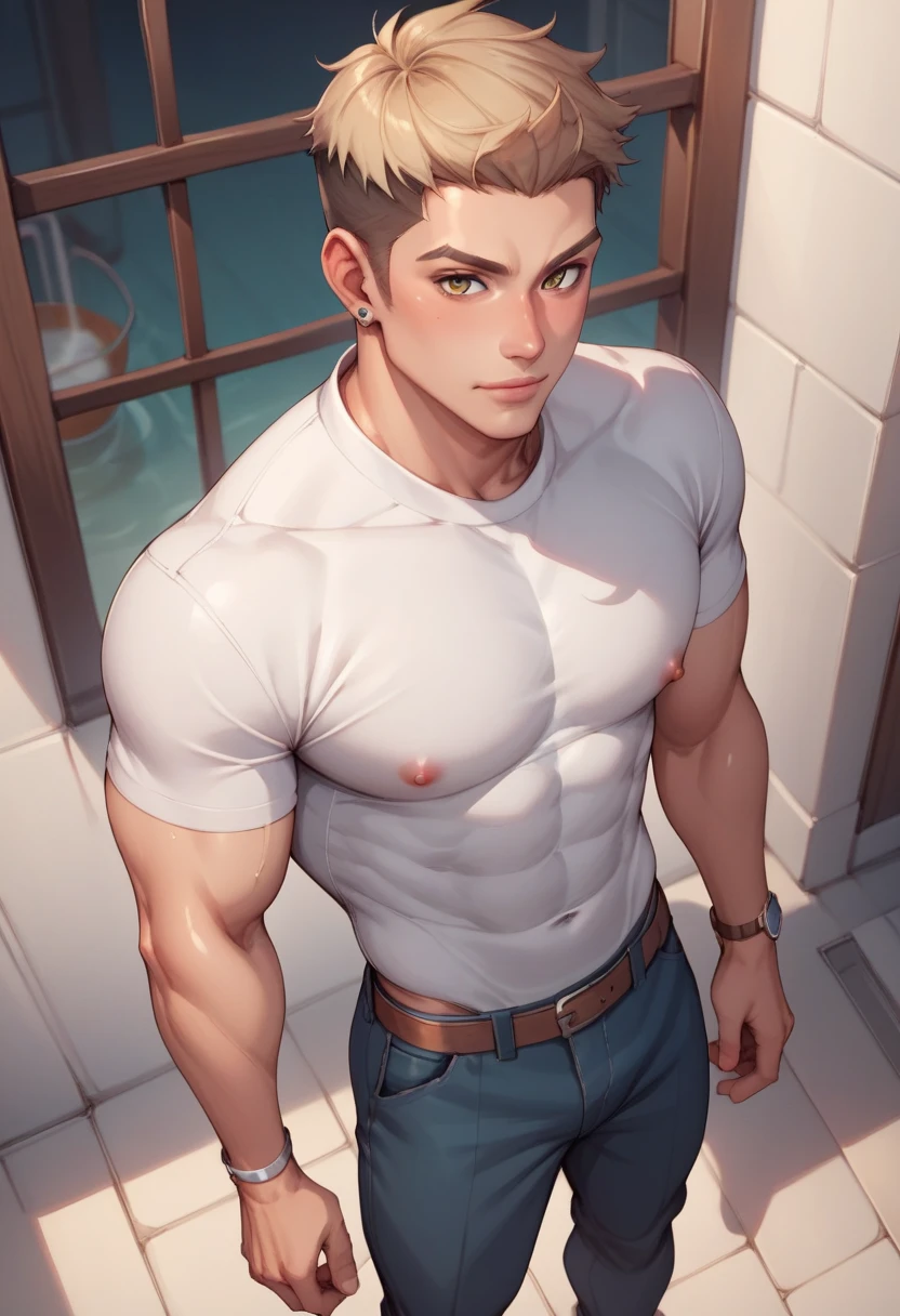 homem, alto, ruivo , corpo perfeitamente definido, sem camisa semi nu no quarto