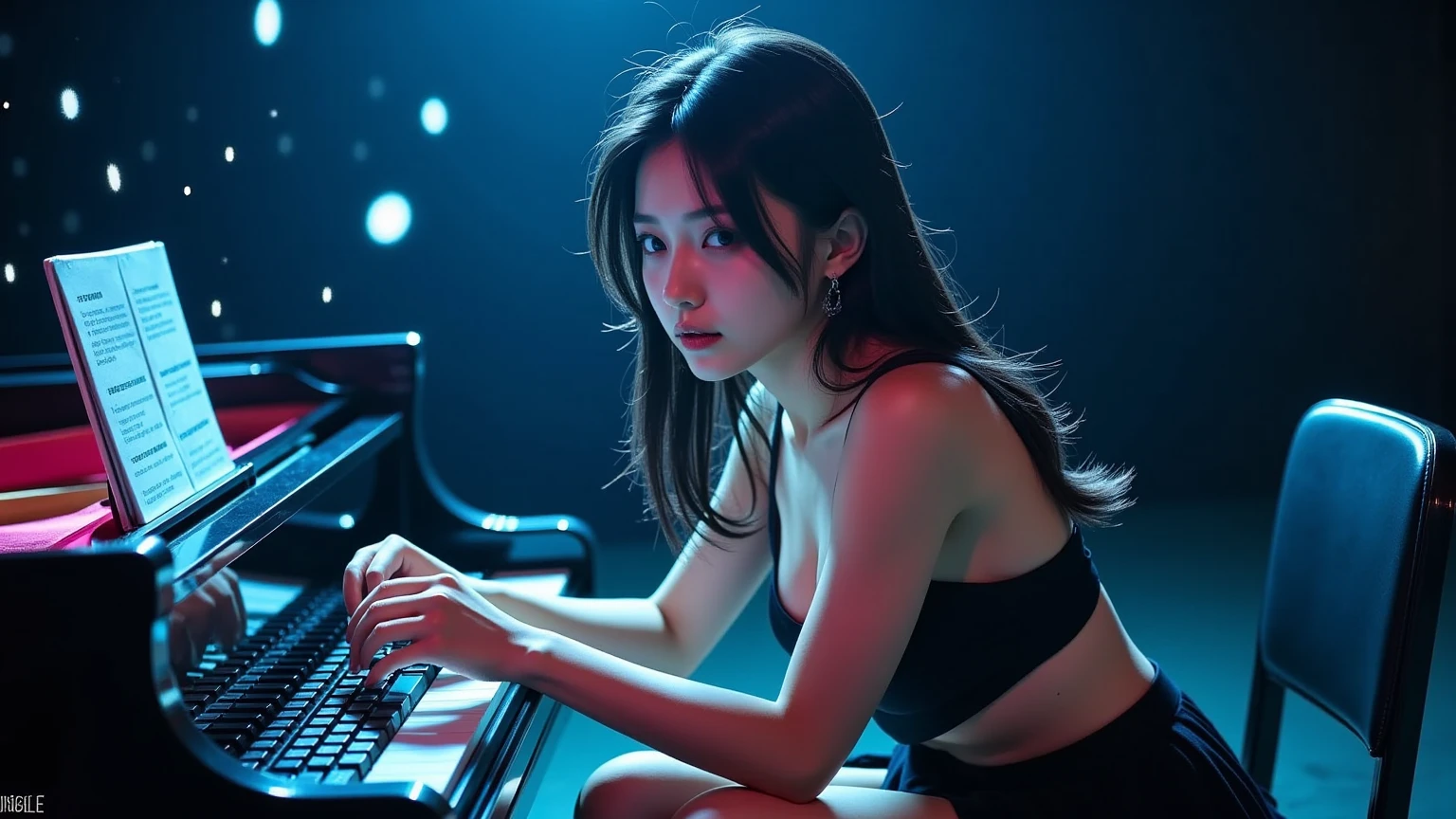 A beautiful female singer in a studio, singing and composing music with the aid of AI, long flowing hair, elegant dress, serene expression, dramatic lighting, cinematic atmosphere, low key color palette, diffused glow, dramatic shadows, highly detailed, award-winning digital art, photorealistic, 8k, best quality, masterpiece