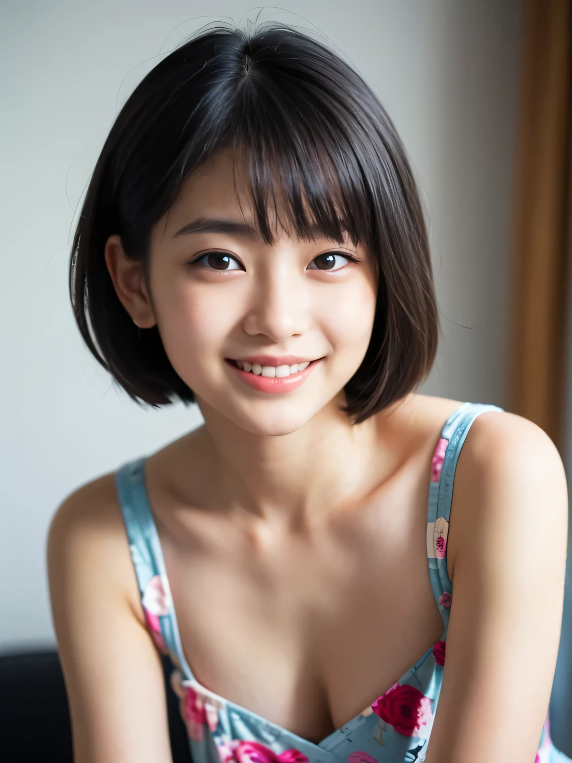 One girl,summer,Inside the room,sofa,Sit down,Black Hair,Fluffy short hair,Navy Blue,Tank top,smile,6th grade elementary school,Handsome,Eyes wide open,front,Look here,transparent,  Soft Light,(masterpiece, Highest quality), Structure of the film, Like a movie