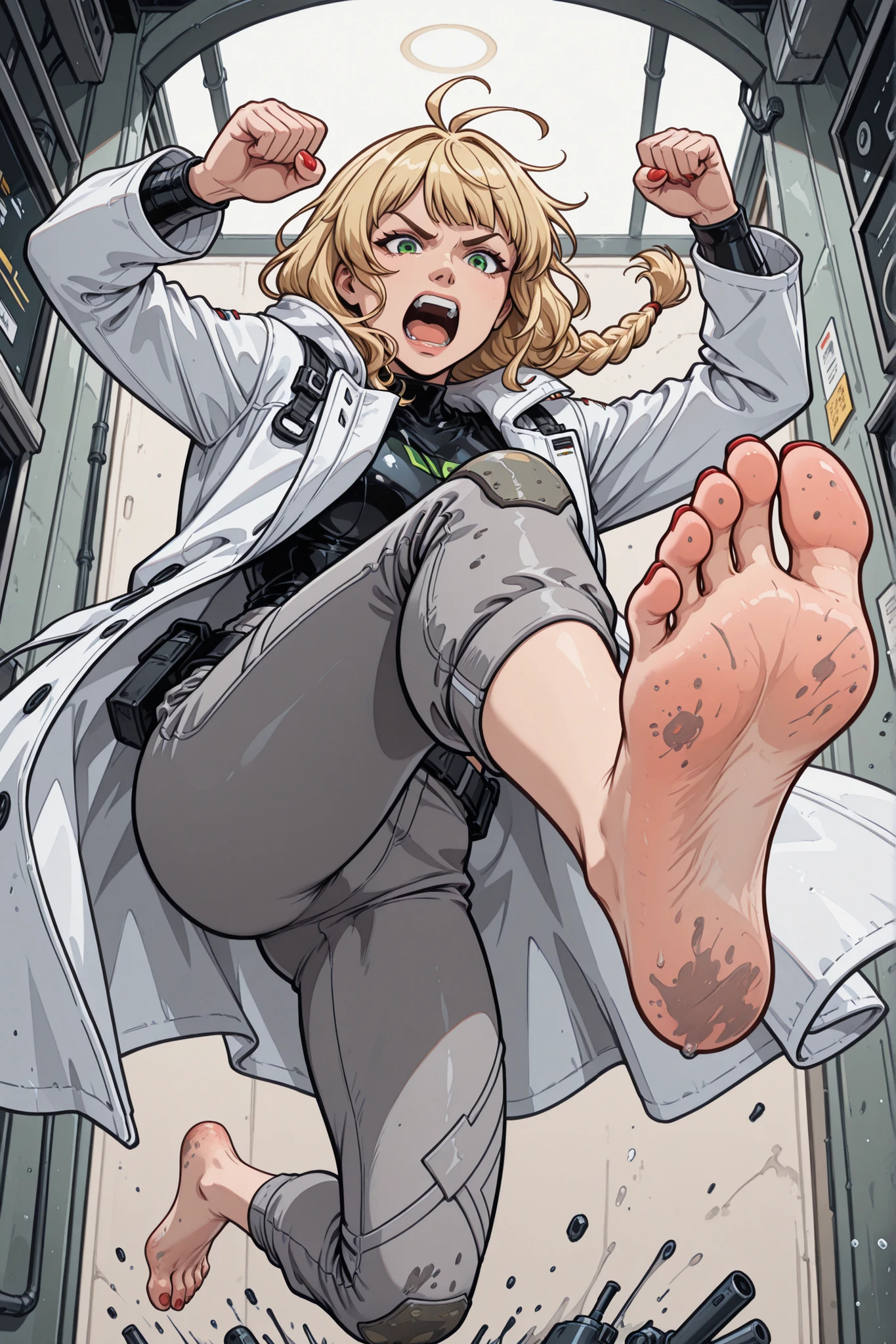foot_focus, 1girl, blonde, single_braid, green_eyes, shouting, white_coat_lab, grey_sports_pants, barefoot, red_nails, soles, toes, dirty_feet, jumping, kicking, looking_at_viewer, indoor, drugstore