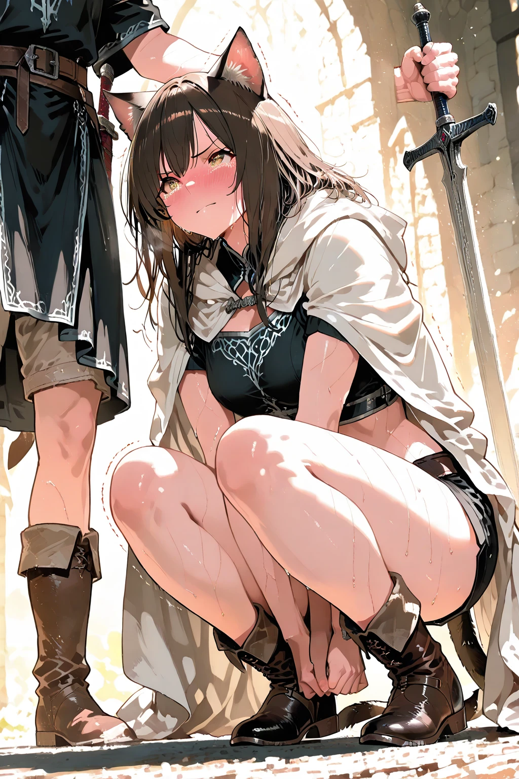 ((masterpiece, highest quality:1.2)),nsfw,cowboy shot,1woman,20 year old beauty、solo,semi long hair,dark brown hair,(very small head),Scared,tears,slender and long body,skinny,small breasts,oily skin,shiny skin,White tube top、navel、brown leather micro shorts,Leather knee-high boots,Iron Gauntlet、Fight with your fists、((Bruises from being beaten a lot:1.5、Injury,incontinence)),sitting,spread legs,,Martial Artist、Coliseum、Arena、