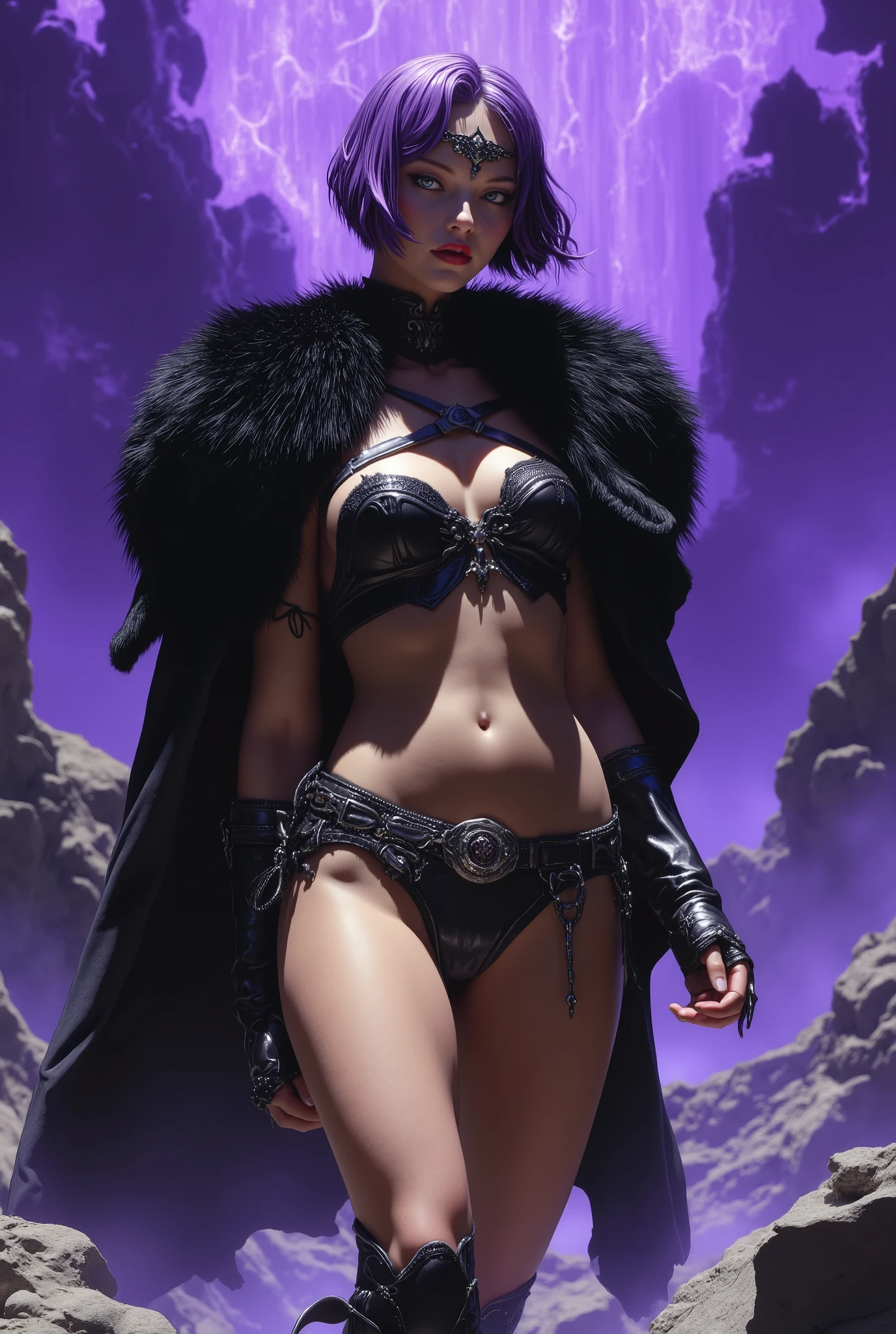 Masterpiece, 8K, UHD, photorealistic cinematic film still. A breathtakingly beautiful fantasy villainess, the epitome of seductive power and dark allure, striding forward with predatory grace and unshakable confidence. She possesses an exquisitely sculpted face, flawless alabaster skin, and a subtle, enigmatic smile. Her hypnotic, enchanting amethyst eyes are framed by chic, short purple hair with a long, side-swept fringe artfully obscuring one eye. A delicate, intricately-wrought silver circlet rests upon her brow.
Her attire is a masterfully designed fantasy bikini of dark leather and obsidian shards, highlighted with intricate silver filigree. A voluminous, luxurious black wolf fur scarf drapes over her shoulders, its ends elegantly transforming into flowing sleeves. A matching crossed fur belt cinches her waist, accentuating her perfect and alluring athletic figure.
She emerges from the ominous, ethereal purple light cast by a colossal, cracked monolith of black obsidian that dominates a desolate, rocky wilderness. The scene is enveloped in dramatic, volumetric lighting and chiaroscuro, with wisps of violet mist curling around her feet.
High-budget production quality, epic dark fantasy, hyper-detailed, intricate design, dynamic composition, shallow depth of field. Flawless human anatomy, perfectly rendered hands, five fingers.