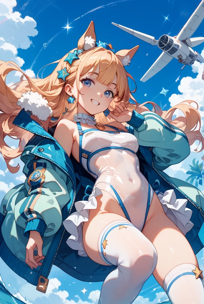 masterpiece,(ultra-detailed),1girl, mysterious heroine xx \(fate\), half_eyes,smile,open mouth, swimsuit, white bikini, side-tie bikini bottom, shrug \(clothing\), jacket, thigh strap, wristband, large_breasts, ocean, splashing,blonde_ponytail,open_legs,cap,happiness,standing,