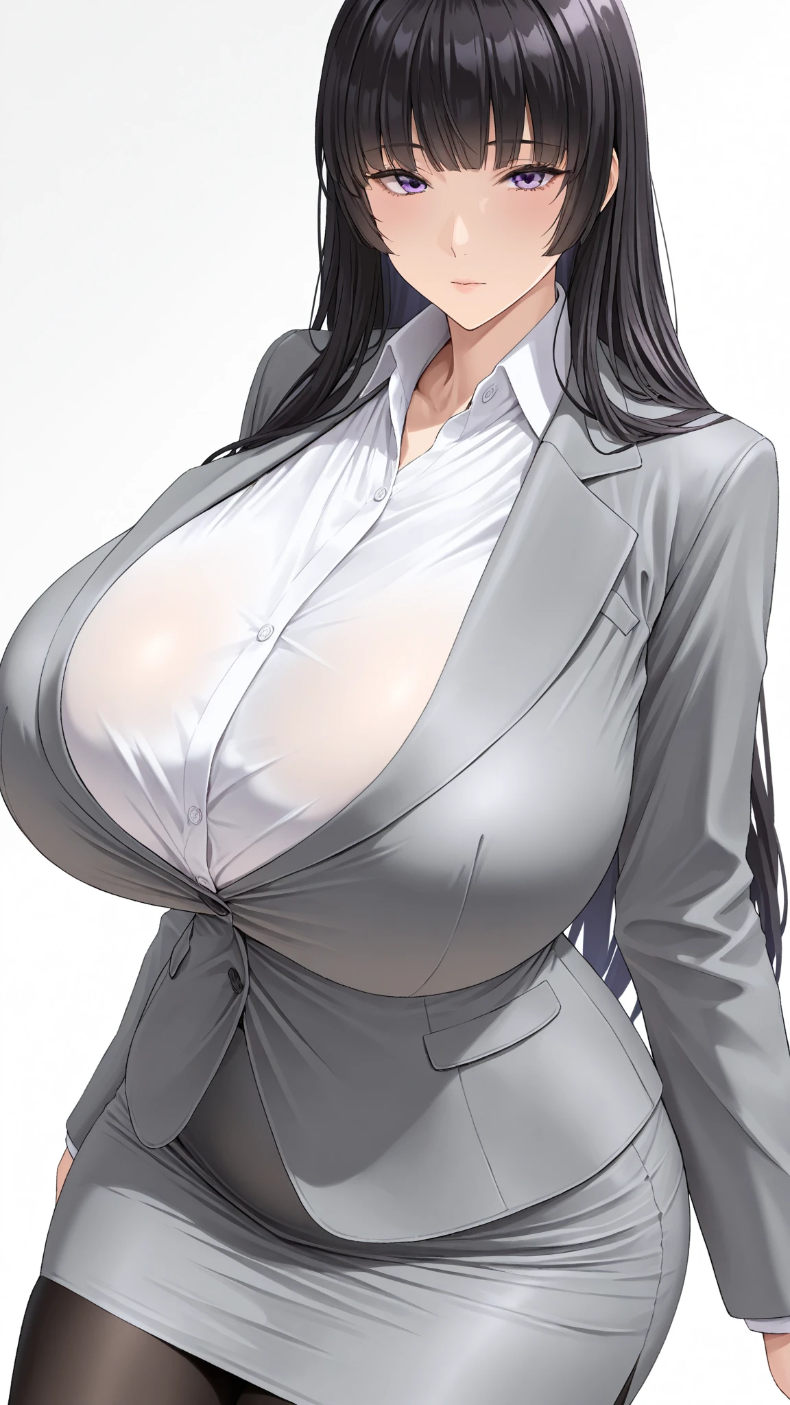 masterpiece, best quality, highest quality, perfect anatomy, highres, ultra-detailed, 8k wallpaper, texture, detail, unique, HDR, extremely detailed CG, Mizuki shiranui, 1 girl, Solo, full body, standing, brown_hair, Bangs, brown_eyes, 20yo, mature female, looking at viewer, smile, lewd face, (Beautiful,large_Breasts:1.4), (beautiful_face:1.5),(narrow_waist), office outfit, office uniform, spread pussy, timid_face, naked