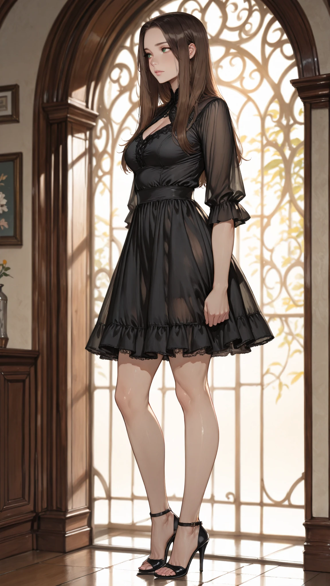 western fantasy,victoriana,A beautyful girl,The stands up,Plain clothing and clothing,No hats,shift dresses,Nightdress,skirt off shoulder