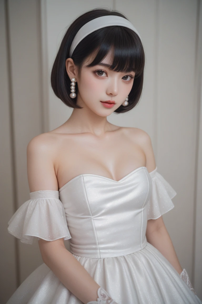 best quality,masterpiece,extremely detailed,high res,4k,ultra high res,detailed shadow,ultra realistic,realistic,dramatic lighting,1girl,solo,detailed face,realistic eyes,realistic skin,white dress,purple hair,dynamic pose, white lace dress
