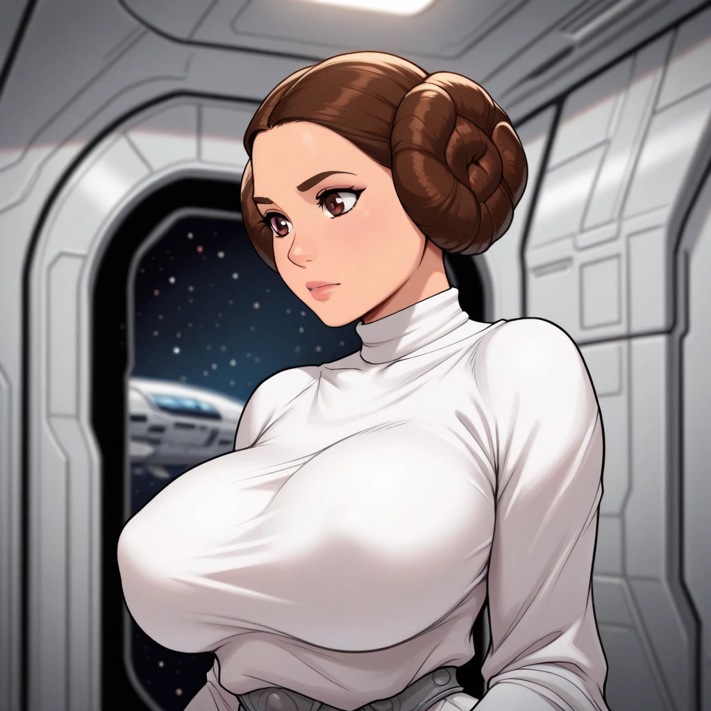 Daisy Ridley, Masterpiece, ((8 0 s art style:1.4)), ((330 lb)), the beauty of a goddess, ultra-detailed face, ((massive fat lips)), ((front view)), provocative pose, ((happy face)), ((short hair)), ((rey from star wars jedi white outfit)), (jedi belt), caucasian, ((glossy skin)), ((oiled skin)), ((smiling)), ((perfect penis)), stunning, smooth, ((eyeliner)), ((massive muscles)), ((ripped)), (curvy:1.5), (posing for the camera:1.3), simetric, wide hips, perfect proportions, red lips, futanari, ultra realistic, thick, ((massive cleavage)), cinematic light, ((space ship background)), (handjob own penis:1.3), ((blush:1.5))