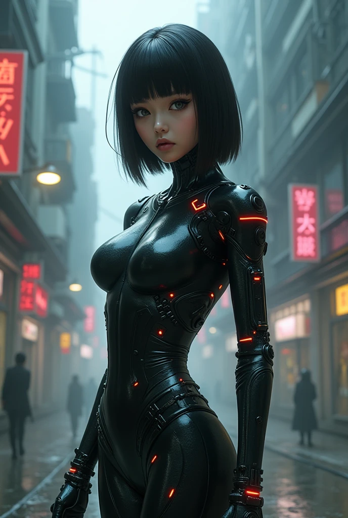 make me an oc with black hair bus mask tight clothes and cyberpunk futuristic style