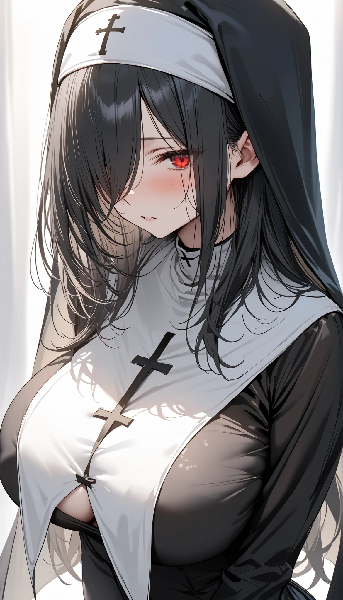 masterpiece:1.2, 1women, Romanian, (30 years), (Best quality), (real picture, complex parts, depth of field), very detailed, perfect face, (deep red glowing eyes), (dark red lips), attractive waist, high, tight belly, (long black straight hair:1.2), (bangs curtain), sexual, (lurge breasts:1.2), hanging breasts ((woman in a dark red shirt)), (front view), dark atmosphere, gothic style, black chain with a black cross, 