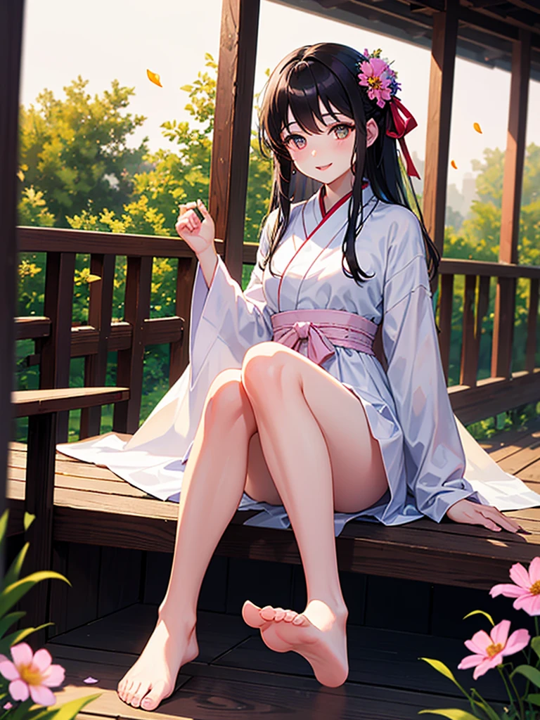 Mature woman in a white yukata squatting on a stone bridge in the Nishikigoi pond in the garden, tilting her head, detailed eyes, long straight black hair, masterpiece, from below, detailed white panties