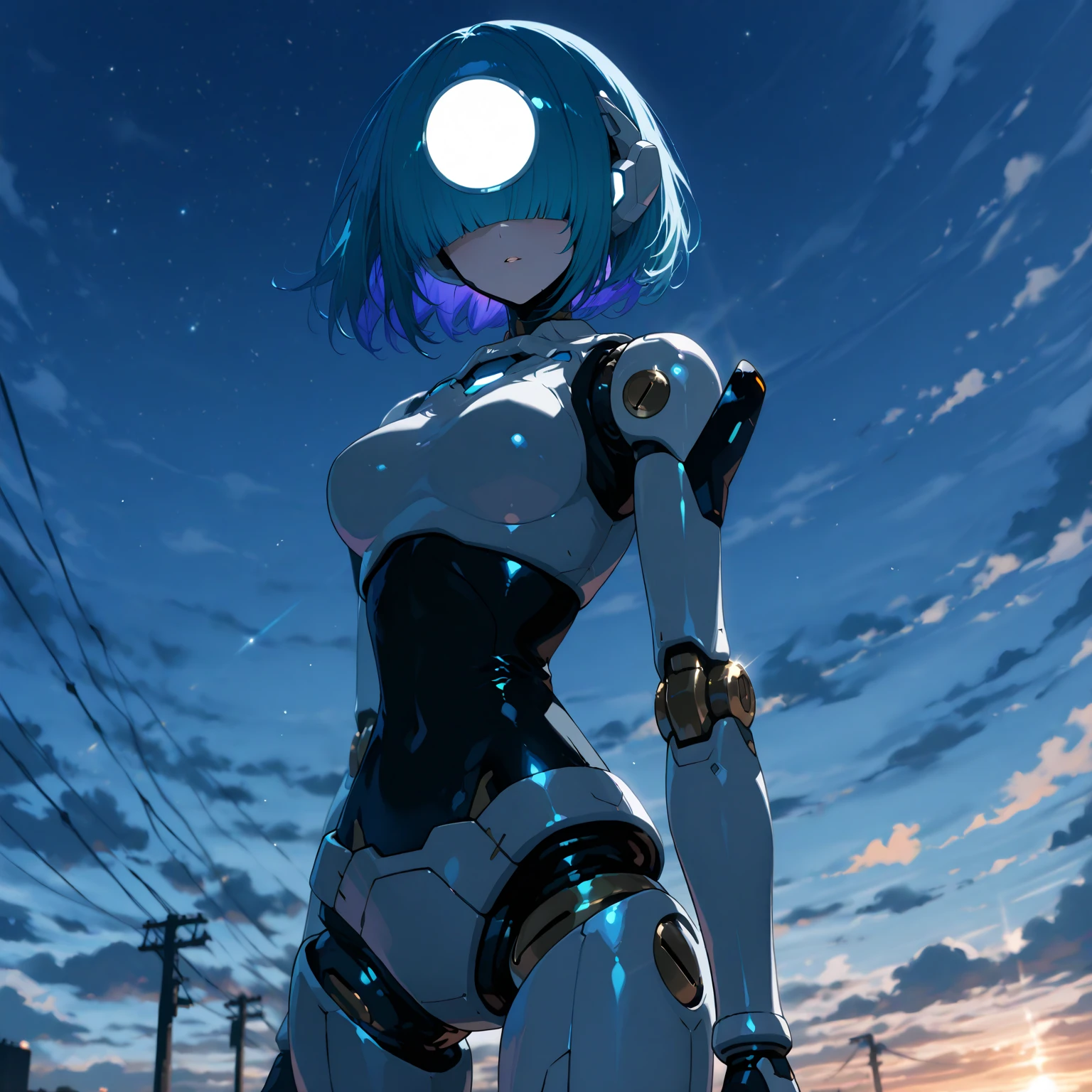 Dark abandoned city, glowing white neon lingerie, (Rem from Rezero), looking forward to a horizon, lens flare, flames, night, view from above, dark ambient, shadows, contrast, light focus at body, horizon, stocking, high reels