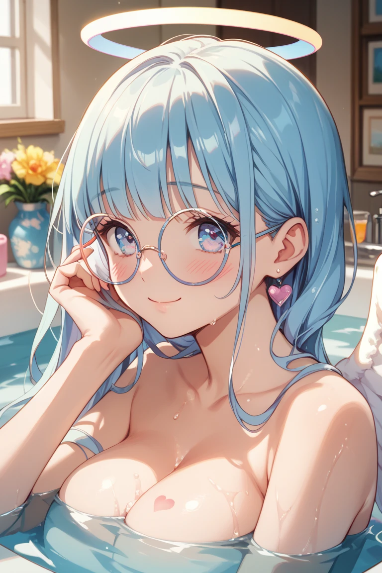 (masterpiece), best quality, expressive eyes, perfect face,nsfw:1.2,full body,embarrassed,breathless:1.4,humid:1.5,full-face blush:1.3,smirk:1.3,glasses,covering the body with a towel:1.2