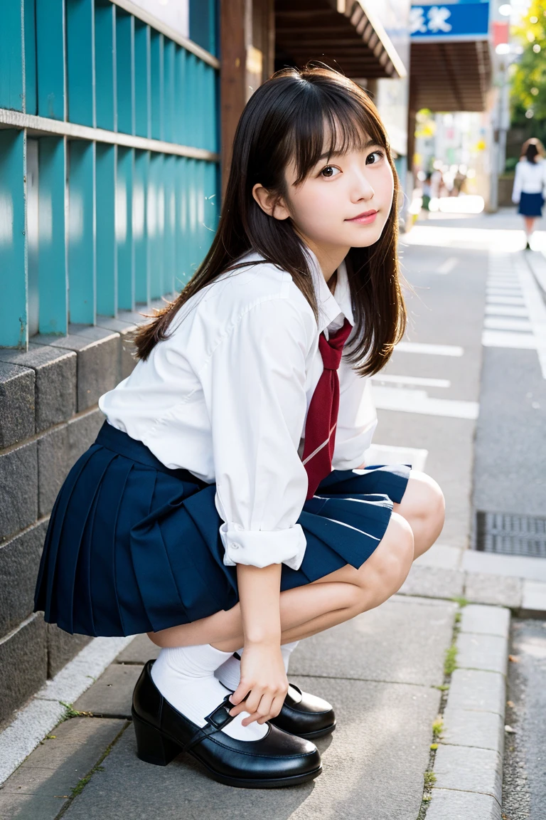(Best-quality, Masterpiece, Ultra-High-Resolution, (Photorealistic:1.4), Raw Photo, depth of field, professional lighting, perfect anatomy, extremely details), at outdoor, sunny-day, beautiful blue-sky, 1girl, 15-years-old, the most famous Japanese idol, looking at viewer, innocent smile, (((standing and turning around, dynamic pose))), (((from below, hip focus):1.3)), extremely cute thighs), (extremely cute face like the most popular Japanese idol, ((extremely cute and extremely big black-eyes)), extremely beautiful black-long-hair), (((extremely realistic and extremely beautiful skins))), extremely cute long-eyelashes, extremely cute lips), ((wearing summer-high-school-uniform-white-shirt, summer-high-school-uniform-navy-blue-pleated-skirt, white-underwear))