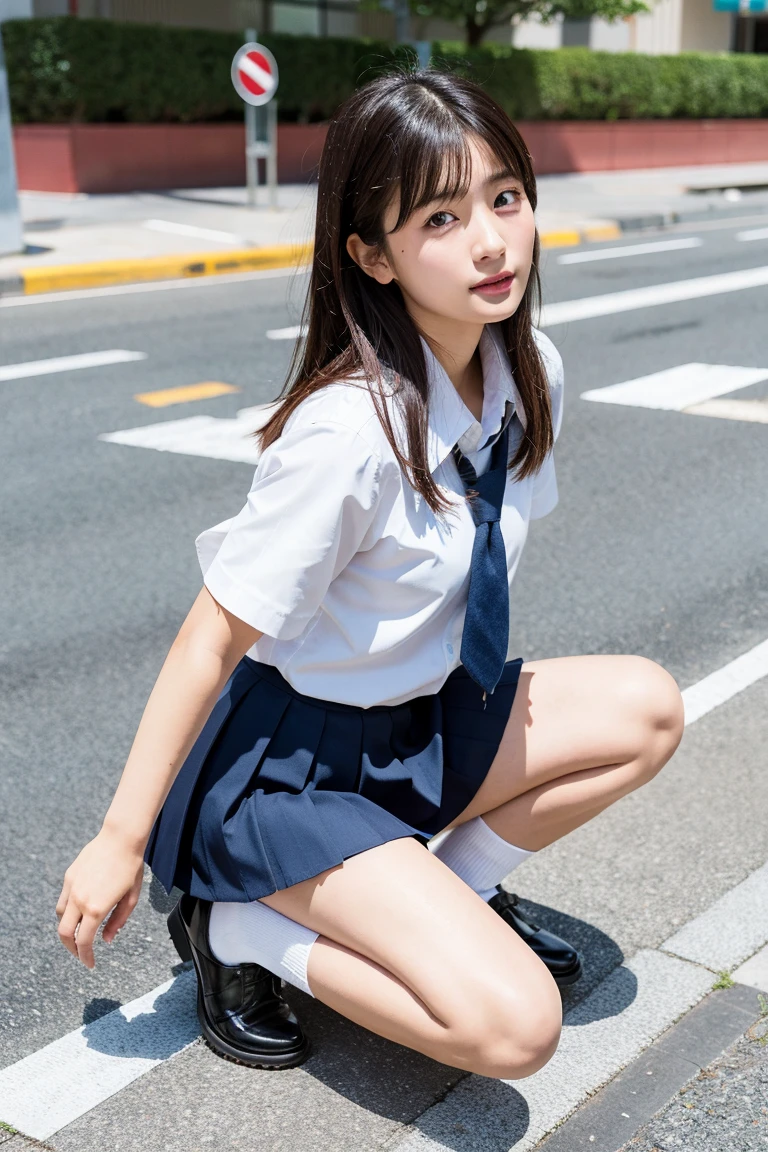 ((highest quality)), ((masterpiece)), 18 year old real Japanese beautiful high school girl、Summer school uniform、beautiful thighs、40cm miniskirt above the knee、My hair is wet from the heavy rain、My underwear is transparent due to the heavy rain、My chest is wet from the heavy rain、short open chest shirt、Beautiful small cleavage、squat with legs apart、sanitary napkin、navy blue socks、An electric massager is applied to the crotch and leaks