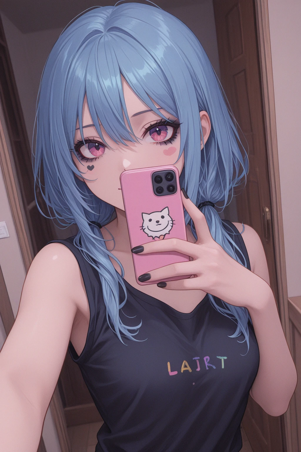 Ultra High Quality, Masterpiece, 8K Resolution, Anime Style, Photorealistic Textures, Highly Expressive, Cinematic Lighting, Complex Background,

Foreground Girl: Long, flowing blue hair, bright pink eyes, delicate face, glossy pink lips, wearing a fitted black leather jacket over a white crop top, high-waisted shorts, holding a photo close to the right side of her head, expression intrigued and curious.

Photo (Second Girl): Long, silky pink hair, deep blue eyes, soft blush, glossy red lips, wearing a lacy white top, perfectly aligned with the first girl's face, creating a seamless visual blend.

Background: Modern apartment, warm ambient lighting, blurred minimalist decor, subtle shadows highlighting the characters' features.