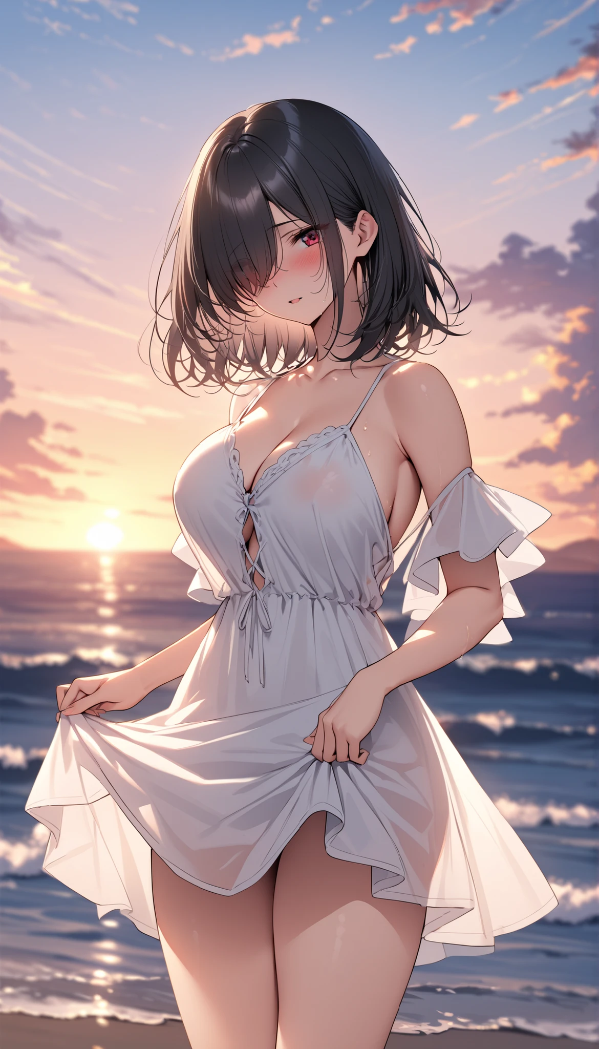 (masterpiece, Highest quality:1.2), 1girl,(medium hair), (black hair), (straight hair),(hair over face), (hair over one eye), (hair over right eye), white long summer dress, (red eyes), (big breast), high detail, bare legs, standing, dusk, (), sunset, blushing