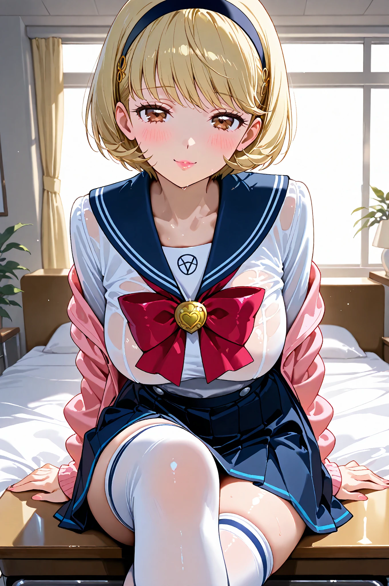 blonde, short hair, girl1, sleep in bed, upper body, completely nude, kawaii, cute, pale purple eyes, blue sailor uniform lift, blue bowtie