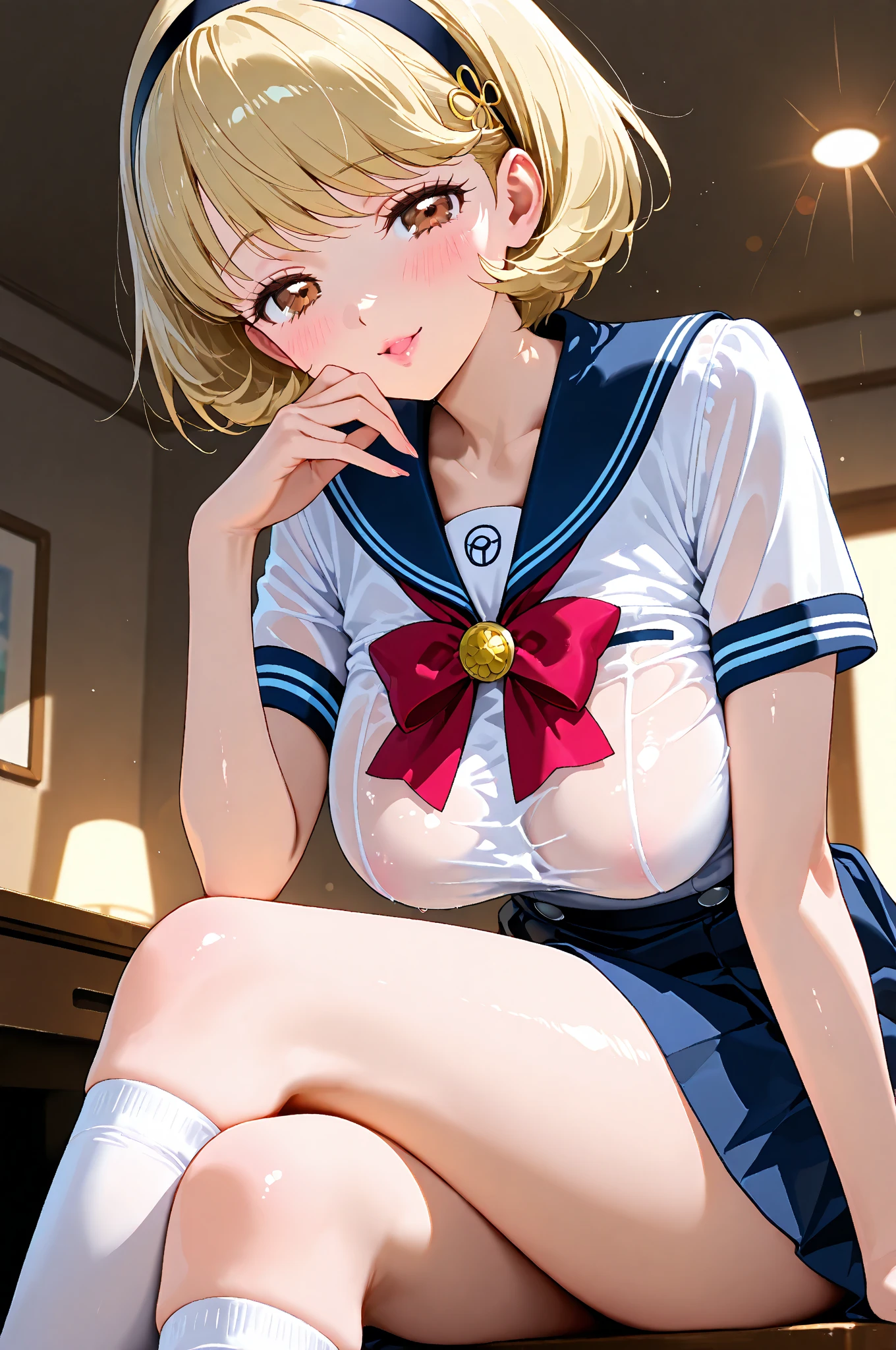 masterpiece, best quality, ultra detailed, ultra high resolution, very detailed face, solo, ((anime)), 20 years old girl, (((croptop, sailor uniform))), ((golden short hair)), (((medium breast))), (six pack abs:1.2), ((little smile)), (((bukkake:1.3, cum:1.3))), sit on the bed