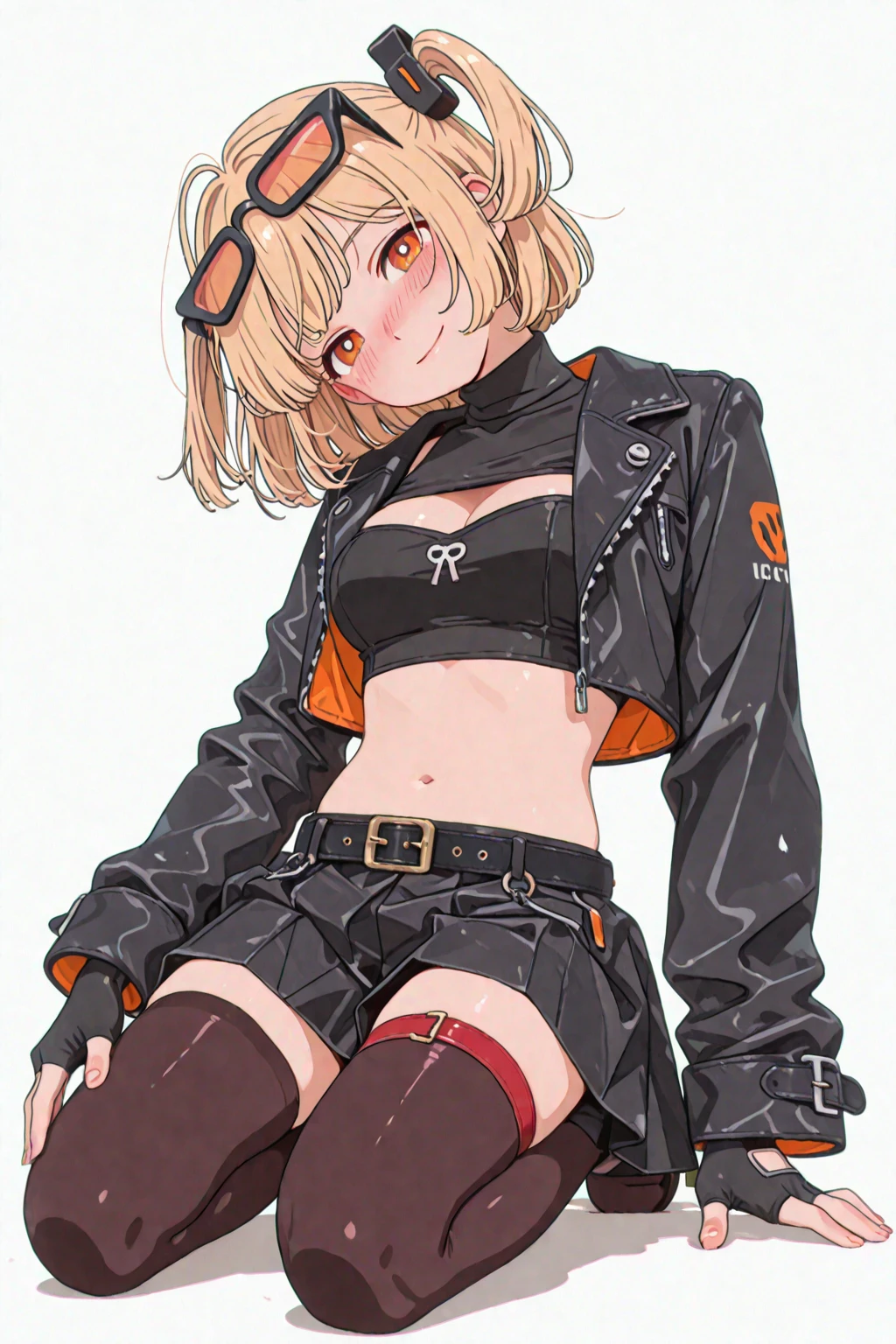 (masterpiece, best quality), 1lady, milf
(short Track jacket), low leggings, cropped top, (underboob:1.15), beanie, High Sneakers
blonde bob cut, big breasts
in studio, white background, hands in pocket, (from front:1.2), looking at viewer, sit