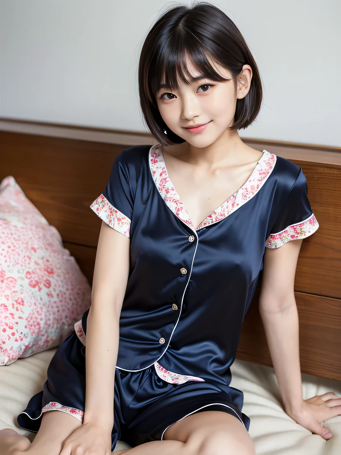 (Best Quality), (Raw Photo), 10 years old, (Japan girls 10 years old), (Cute Face), (Flat Breasts),
cute lips,
dynamic lighting,
smile
(beautiful thighs),
pixie cut,
in the moonlight, in bed,
(Blue floral short pajama set),