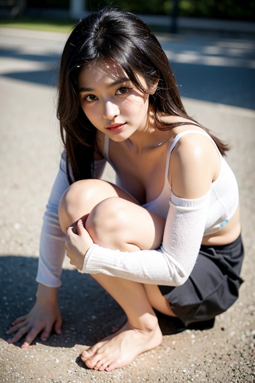 RAW photo, bokeh (realism: 1.4, realistic), high detail CG unified 8K wallpaper, 1girl, (HQ skin: 1.4), 8k uhd, dslr, ((front lighting)), high quality, Fujifilm XT3, (big breast:1.3), (whole body:1.2), cream color of knit tank top, show thigh, short pants, (full body:1.5), looking at the viewer, seductive pose, outdoor at park, (Hip level shot).