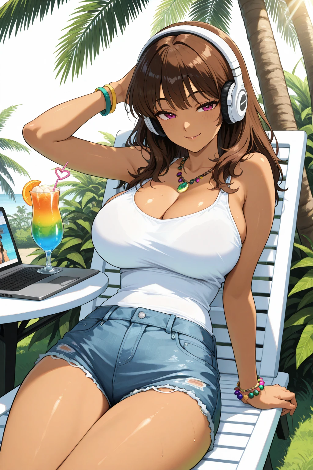 very sexy and beautiful adult woman with large green eyes. Impeccably make up with red lipstick, dark eyeshadow accentuating her bright eyes. She's dressed in an open jacket that's slightly oversized, wearing a top covering her ample bosom. Sporting large, colorful headphones, she stares directly at the camera. The background is a vibrant water like setting with various multicolored light effects. Cinematic light, she is happy and enjoyng it