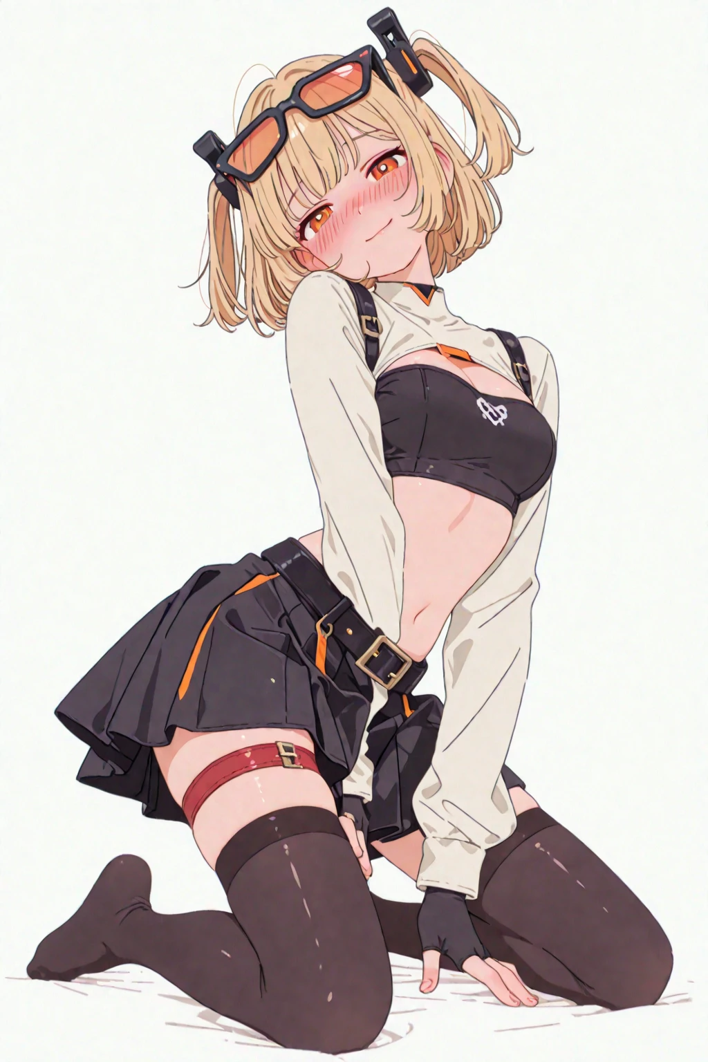 masterpiece, best quality, 1 Girl,study,big eyes,1 Girl,Loli,Slender figure,short and small,Red eyes, Blonde short hair, Wear a white shirt,Show your belly button,Wearing a black pleated skirt,Off-shoulder, Shy, blush,White pantyhose,Standing,sports shoes,