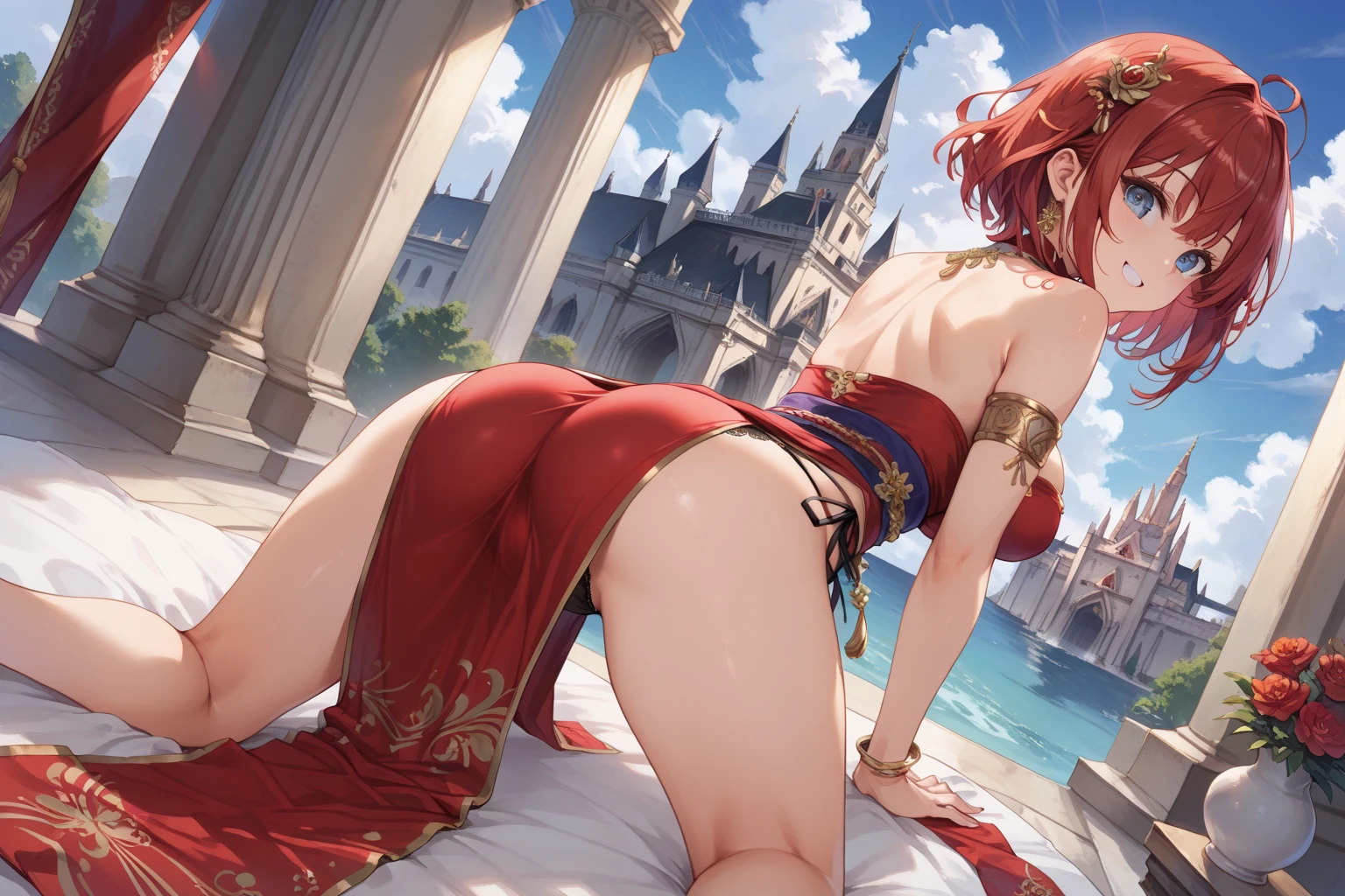 (masterpiece), (best quality), (ultra detailed), (depth of field), ultra-thin image, detailed face, highly detailed hands, (super anime illustration), (4k), ((1girl)), standing, looking back, rear view, pleasure face, open legs, shiny body, group photo, jewelry, long hair, earrings, redhead, hair decorations, golden tiara, nice details, detailed representation, she is surrounded by a huge dragon red, sunny day, outside a medieval stone castle, sunbathing on a balcony, mirror decoration, very intricate queen dress, lots of gold details, detailed eyes, very long hair, highly reflective wet floor, intricate walls, balls reflective glass,