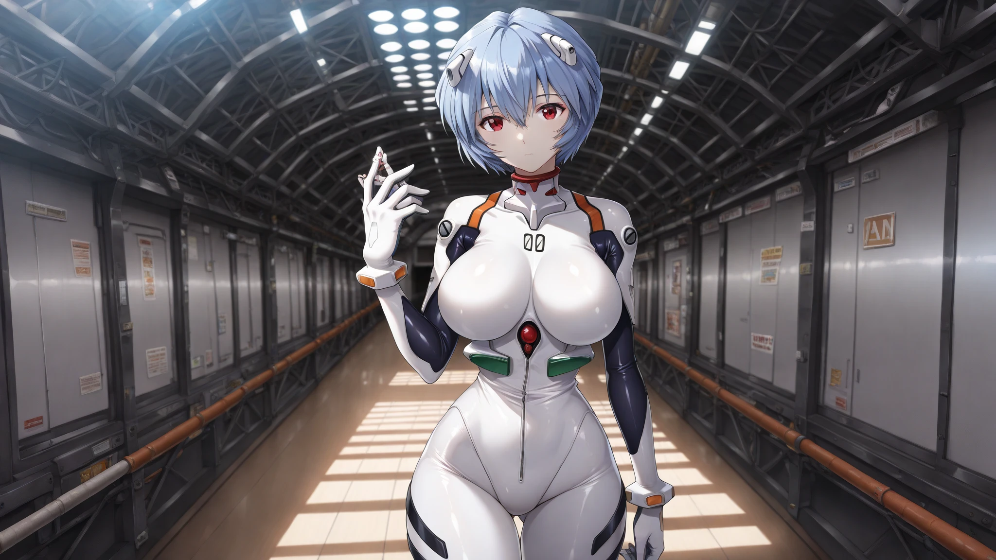 masterpiece, best quality, very aesthetic, absurdres1boy,1girl,
Ayanami Rei,white bodysuit,red eyes,pilot suit,short hair,blue hair,bangs,interface headset,turtleneck,hair between eyes, in subway,