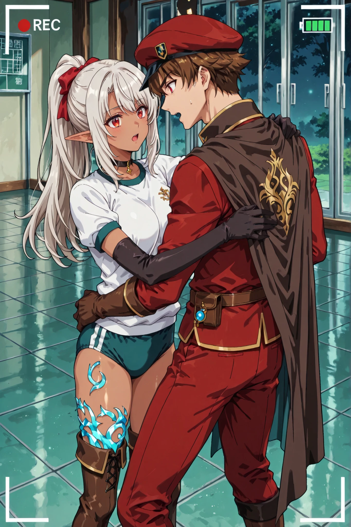  （1girl、soro、silk amberwood, 160CM,long hair, ponytail, white hair, grey hair, pointy ears, dark skin, dark-skinned female, elf, dark elf, mature female, breasts,neck choker、gloves, hat,  black gloves, elbow gloves,  beret,knee high boots,  belt ）（Zzyuke、Solo、1Boy、180CM、ears,Red Eyes、Brown Hair、Short Hair、Gloves、Boots、Belt、Pants、Cape、Thigh Boots、Brown Footwear、Brown Gloves、Red Pants）（back focust）、ooking back、hug from behind、((最佳质量)),( 超高精細),(超詳細),( 詳細説明 ),((ザ・ベストCG)),(傑作),anime style、School gym clothes、metallic buruma、（（（bare thighs）））,汗をかく、shiny skin:1.5,shiny hair:1.5,indoor、大きな目、美しい瞳、頬を赤らめる、（kiss_from_behind）、（height difference）（（eye contact））、open　mouth、indoor、dungeon、へそ 、Dynamic Angle:1.5、、（（（from above, buruma,))),viewfinder、