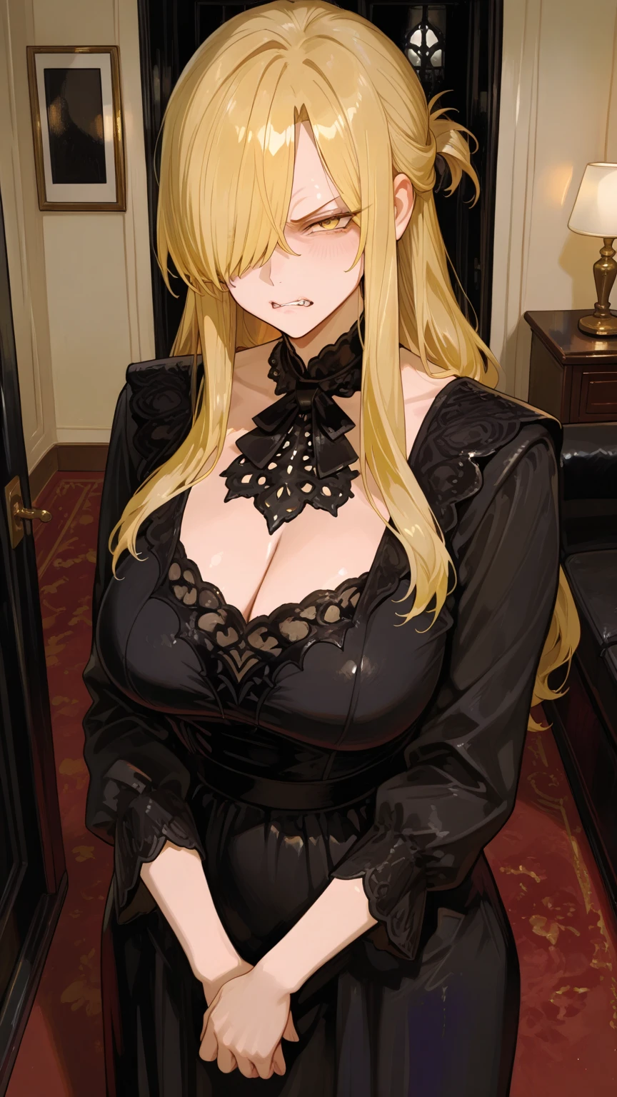A woman with sophisticated black dress in a luxurious German house, hair yellow, eye blue.
