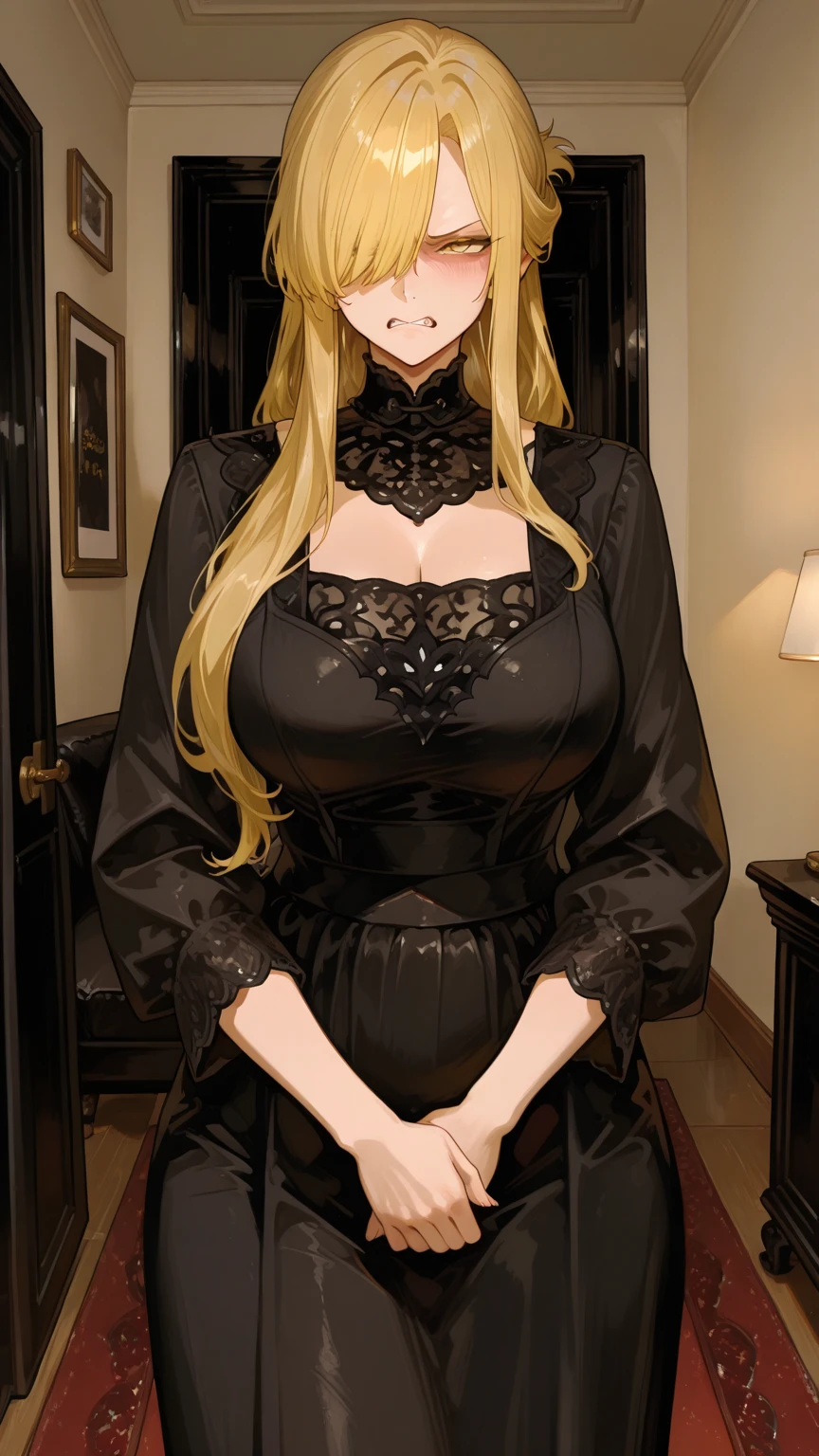 (Yabby:1.2), (Masterpiece, Best Quality, Highres:1.4), Detailed, Intricate Details, 4K,
1Girl, (Solo:1.4), Standing,
(Blonde Hair:1.2), Long Hair, (High Ponytail:1.2), Hair Ornament,
Red Eyes, Looking at VIewer,
(Black Dress:1.2), (Puffy Skirt, Long Skirt, Puffy Sleeves, Juliet Sleeves, Long Sleeves:1.2), Gold Trim, Jewelry,
Cleavage, Huge Breasts, Covered Nipples,
Indoors, Furniture, Hallway,
<lora:Yabby:1>