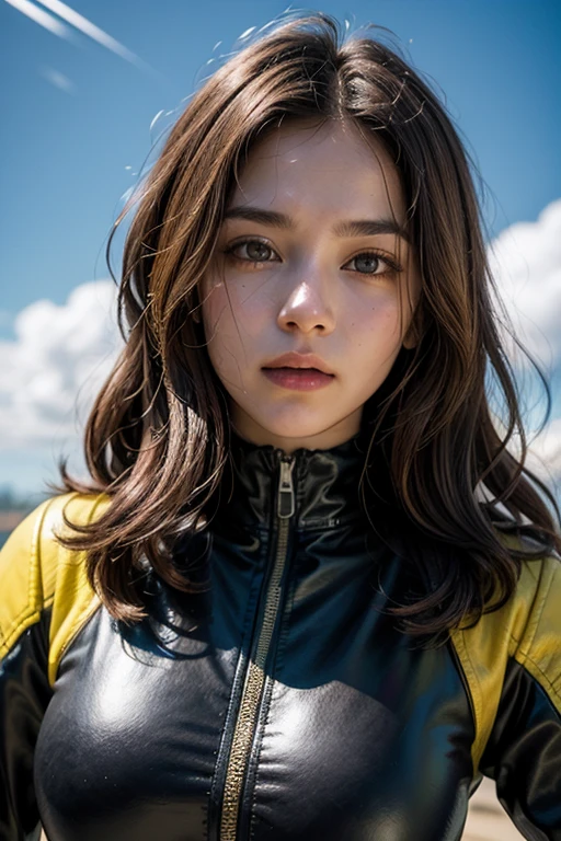 Analog Style, RAWphotograph, photograph, Hyperrealistic, amateur photo shot , Aesthetic artwork, ((Magazine Cover、Large text)), Detailed skin, detailed natural raw light, Very detailedな, Cinematic, highest quality, Super detailed, Very detailed, grain, noise, Heading, stylish, font, Memorable、A boyish and healthy beautiful girl,((Flowing sweat)) Beautiful Eyes, Realistic eyes, Beautiful details in the eyes, (Realistic Skin),Japanese Idols、(((Leather bondage suit)))