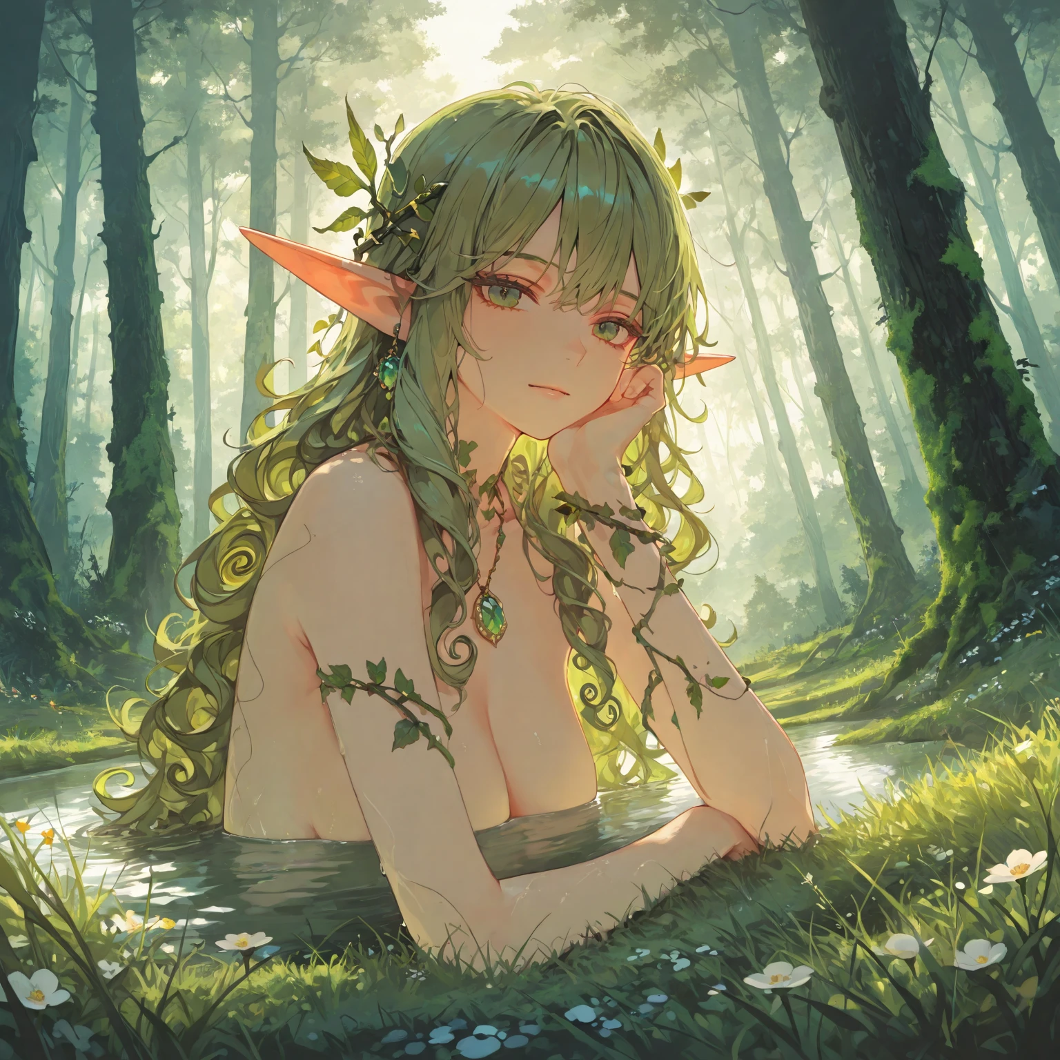 high resolution, (dryad), forest, pixiv, (((outfit made out of plants))), (grass skirt), (fancy grass top), sitting, fetal position, hugging legs, ethereal, small breasts, colorful, saturation, nymph, slightly unsettling