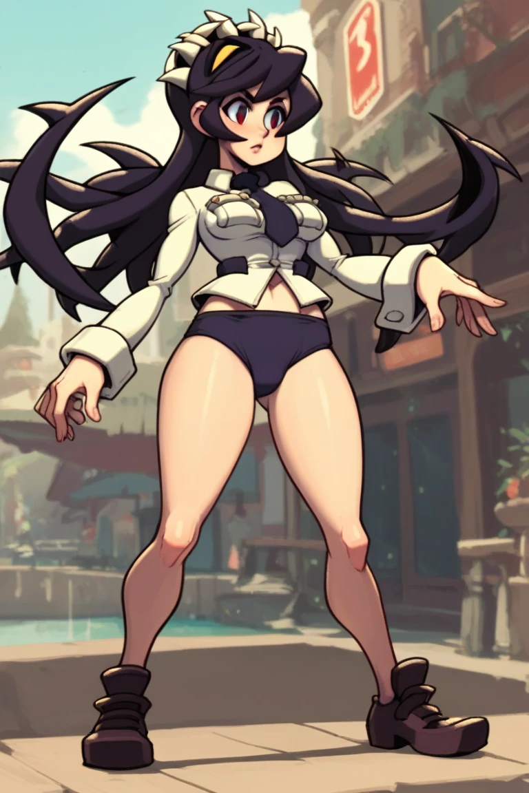 (8k, best quality, masterpiece:1.2) (realistic, photo-realistic:1.37) (full body) 1female solo girl, standing, legs apart (wide stance) standing contrapposto, ultra-detailed, cute (Tifa Lockhart) (large breasts:1.5) (beautiful detailed eyes) (smile:1.2) (closed mouth) sharp focus, depth of field, good composition, Final Fantasy VII, very long straight hair, hair bang ((red eyes)), intricate, bokeh (Tetsuya Nomura style) perfect breasts, white tank top, black thong, suspenders, gloves, stockings, toned body, athletic, wide hips, thin waist, toned arms, exposed abdomen, view from behind