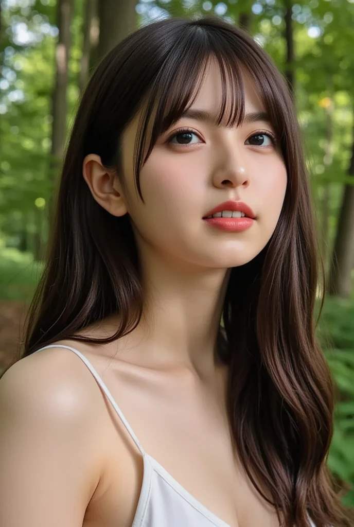8K, Best Quality, masutepiece, Highly detailed, reallistic, naked girl, 20 years old, 犯されて、Sex Scenes、During sex、Scenes of mating of males and females、For two、Sexual intercourse、sexual act,、Sexual intercourse、sexual excitement,looking hand, long dark brown hair with bangs,,,, Curly hair, Green eyes, Outdoors, Forest background, lots of trees々And the dark sky