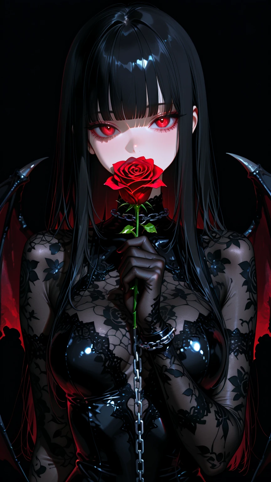 1girl,bangs,black background,black nails,blood,breasts,cleavage,flower,long hair,nail polish,pink rose,red flower,red hair,red nails,red rose,rose,solo,spider lily,thorns