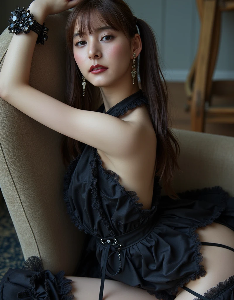Arafed Asian woman in black dress posing on sofa, fishnet clothes, lace lingerie, V-chest open clothes, sexy dress, intricate dresses, attractive, intricate costumes, wearing sexy lingerie, fascinating. very detailed, complex body, hot petite, very sexy outfit, open dress, tight clothing, tight black clothes, Lovely lady, moan, wonderful