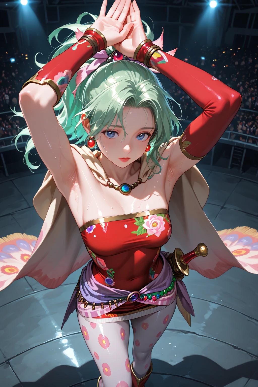 Young woman with pink and green hair with green eyes 