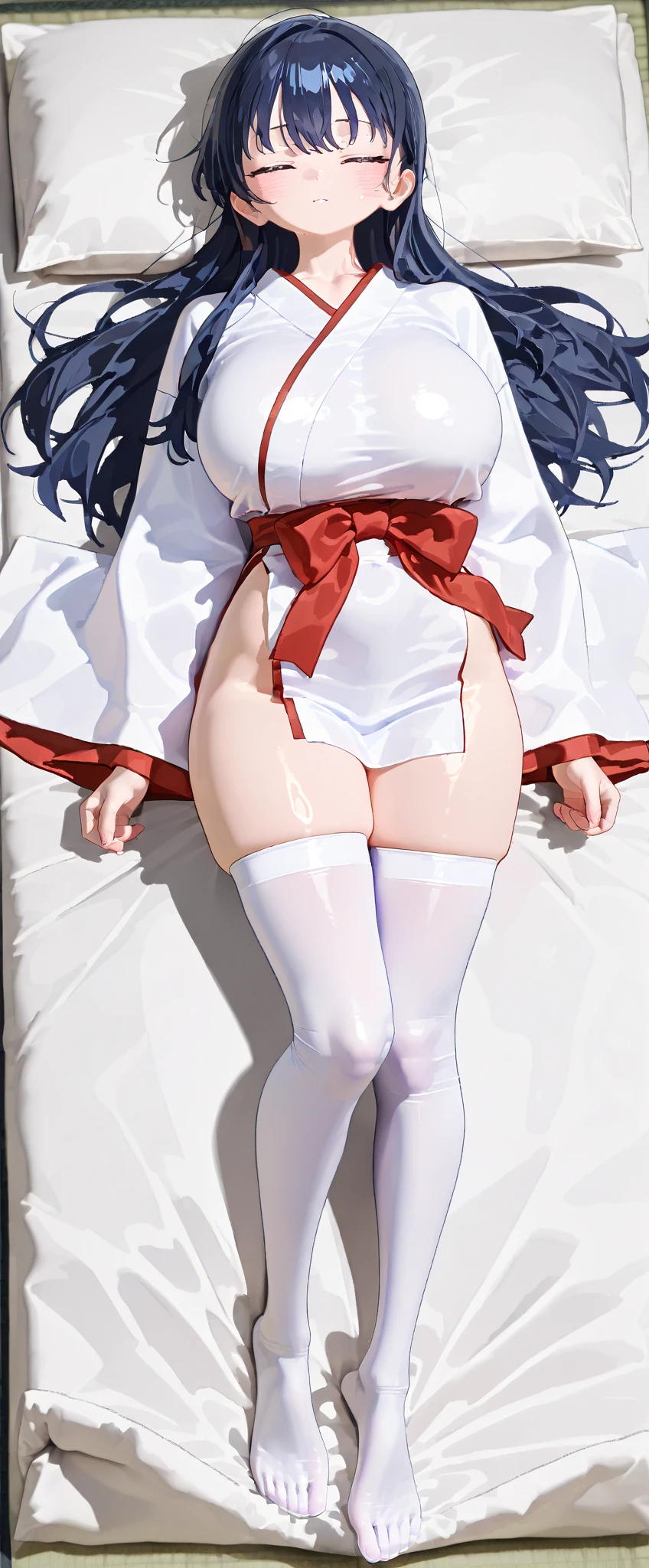 1girl, solo, breasts, looking at viewer, blush, smile, bangs, black hair, single braid, black dress, bare shoulders, big breasts, closed mouth, collarbone, full body, flower, lying, open clothes, striped, indoors, on back, off shoulder, feet, pillow, bare legs, bed, bed sheet, on bed, cleavage, hand on own stomach