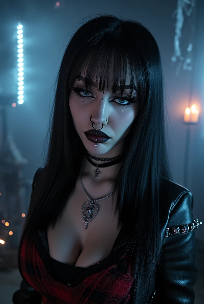 realism, realistic ,heavy mascara, black lipstick, emo, 1girl, hair over eye, black themed bauhaus room, choker, neckalace, chains, large breasts