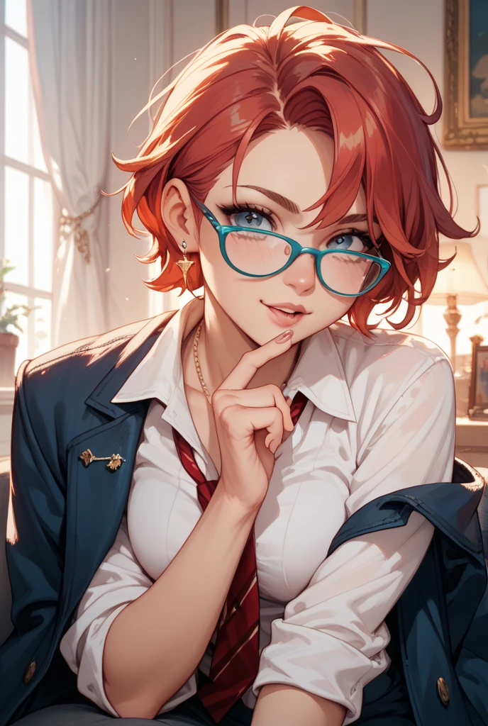 (Masterpiece), Best Quality, ultra-detailed, 1girl (Gwendolyn_Tennyson,  Slender and sexy body, lovely small breasts, orange hair, long wave hair, green eyes, half-closed eyes, spectacles), a come-hither face, smirk , parted lips, nose blush, blush, facing viewer, looking at viewer, solo, business suits,  dark blue jacket, white y-shirts(buttons), necktie,  tight skirt(dark blue skirt), black pantyhose, in the classroom, night time, , sitting,  sitting on desk, crossed  legs, come-on, lure,, Sexy waist teasing, undressing , 