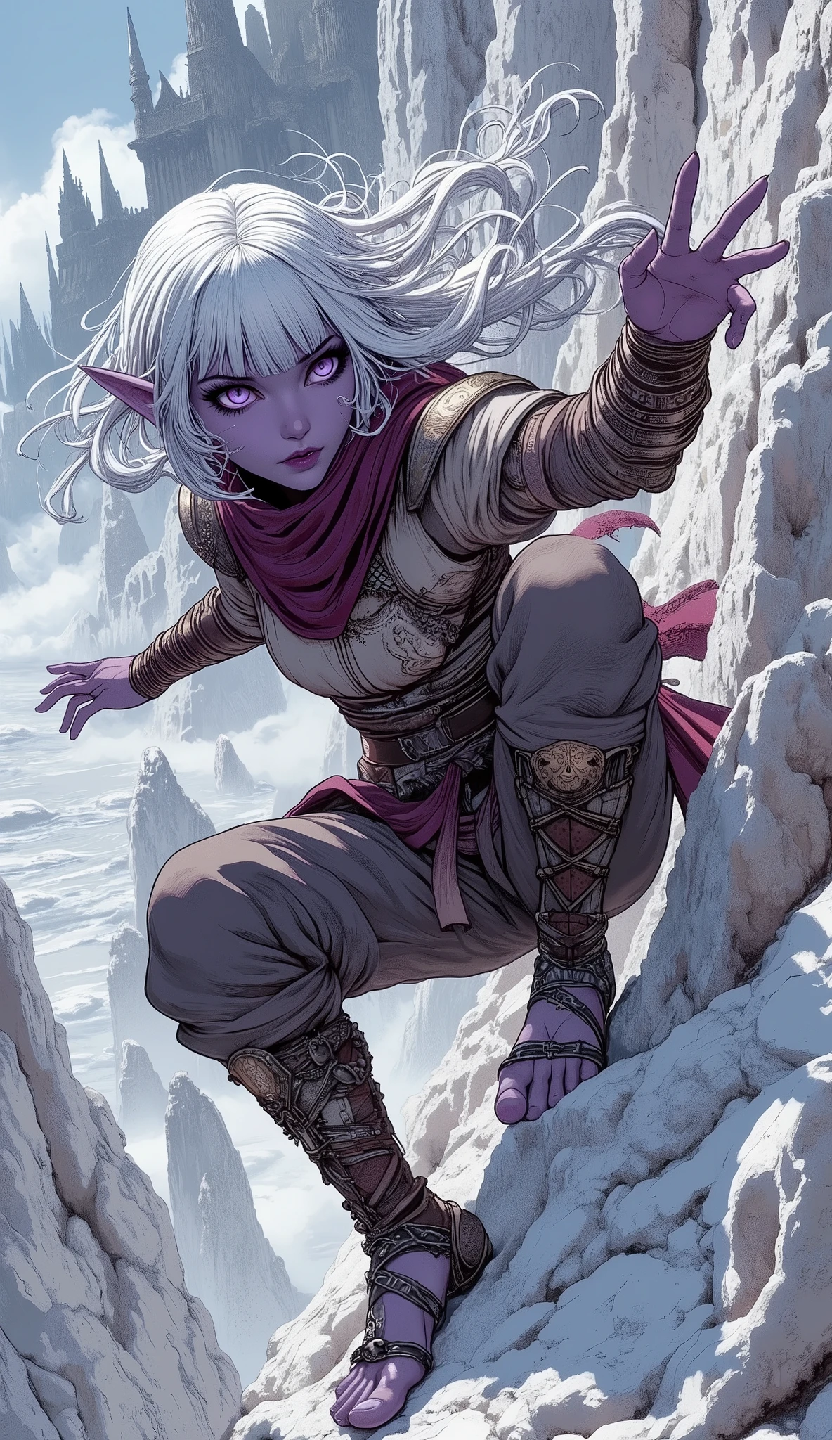 (A fusion of Ukiyo-e and dark fantasy. Aesthetic and gothic digital art. Draw a detailed face. Look away.) BREAK
(White hair. Blunt bangs. White eyebrows. Long white eyelashes. Almond-shaped eyes. Lavender eyes. Dark, thick eyeliner. Small pink lips. Slightly pointy ears. Dark purple skin. Thin limbs. Thin fingers. White fingernails. One thumb and four fingers accurately drawn. very expressive.) BREAK
(An intense, close-up action shot of a dark elf female rogue caught in an ambush, responding with an incredible mid-air twist and flip off a sheer cliff face made entirely of colossal salt crystals. Her motion is reactive, perhaps dodging a sweeping attack from a large, unseen foe or repositioning for a swift counter. Her dark, almost black, skin contrasts sharply with the pale, glittering salt. She wears practical but elegant attire: layered tunic and trousers in deep plums and muted grays, with segmented leather armor pieces designed for stealth and flexibility, echoing the functional fashion of medieval Mediterranean scouts or assassins. Her movements are fluid, almost dance-like, yet carry a deadly precision. The background reveals a glimpse of the foreboding salt lake, its surface still and reflective, and the looming, oppressive architecture of a dark elf stronghold or ancient ruins in the distance, partially obscured by a perpetual, eerie mist. Highlight the dynamic tension of the moment and the unique, crystalline environment.)
