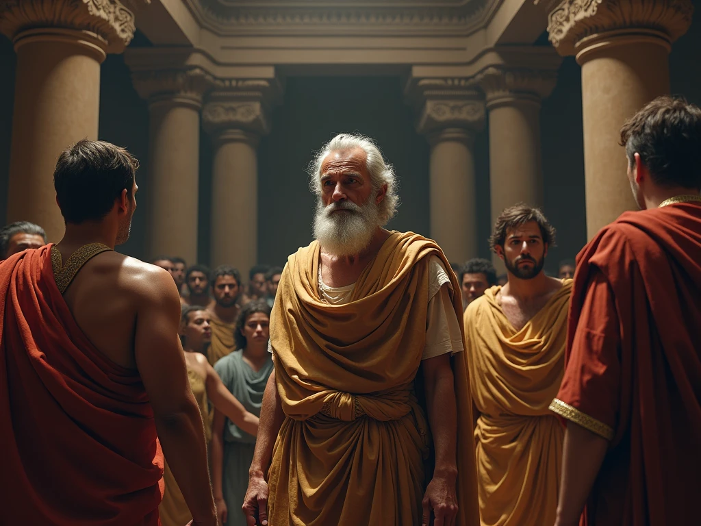 A colorful mosaic of Socrates, surrounded by the thinkers of Ancient Greece. --auto