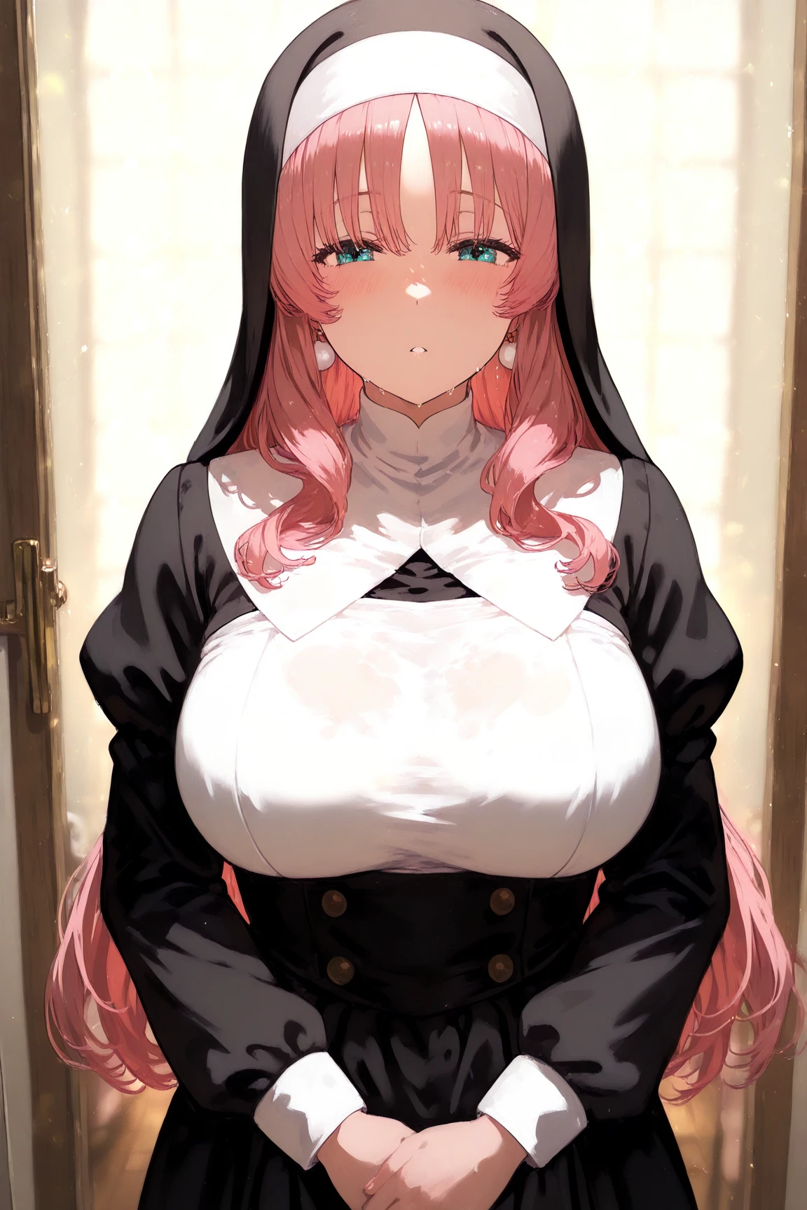 masterpiece、highest quality、Very detailed、Photograph the upper body、1 female、(Put your arms behind your back:1.2)、Are standing、Turn your body forward、View your viewers、(nun costume:1.2)、blush、shy、(trembling:1.2)、Pink Hair、Open your mouth、church、night、