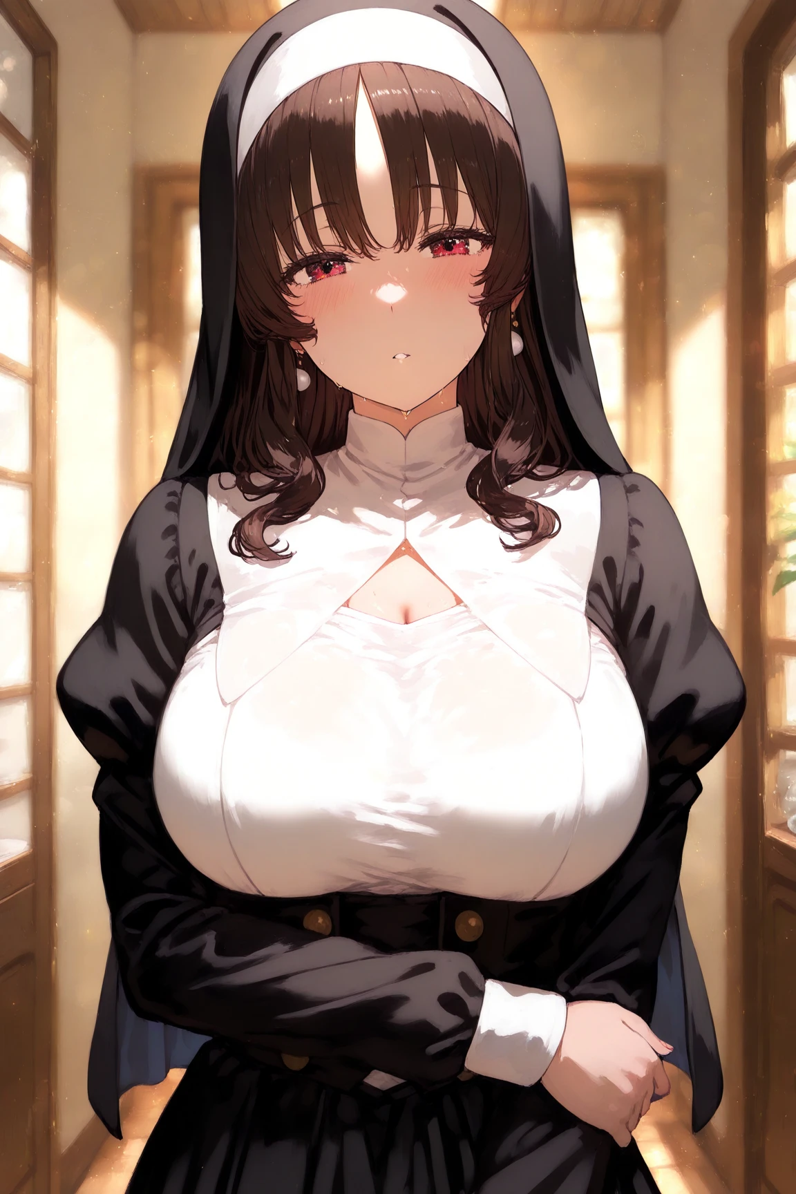 (Ultra high resolution, 8K RAW photo, photo realistic, thin outline), (cinematic lighting, textile shading), (nun hijab with gold accessories:1.3, gold cross ornaments), (huge breast, sagging breast, big tits, breast cleavage), 1girl, ((mature woman, milf:1.2)), 20 years old, (breast curtain, long tight skirts with side slit), matured Saint praying in front of altar in church, hands on together, wearing religious uniform, blush, in heat, shamed, looking at viewers, blonde hair, at night, Clothes that show the lines of the body, (dynamic angle, from center below), spiritual, 