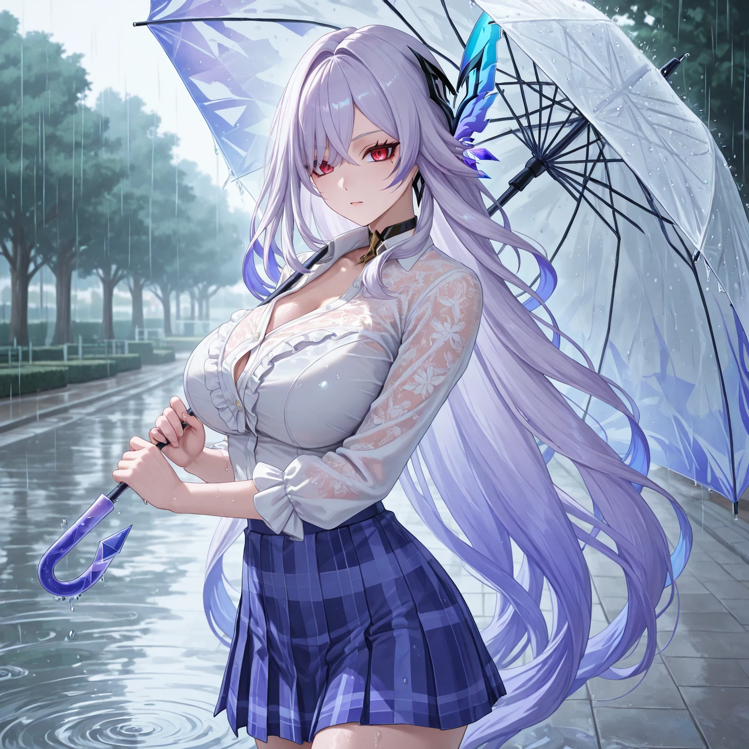1 girl、Mature、Ample breasts、Purple Hair、Long Hair、ponytail、ハイponytail、Sharp Eyes、heavy rain、Heavy Rain、Soaking wet girl、T-Shirts、Belly button、Miniskirt、Thighs、Hydrangeas bloom in abundance、I don't need an umbrella、Water Drop、prism、In town、Like a watercolor、High resolution、highest quality、masterpiece