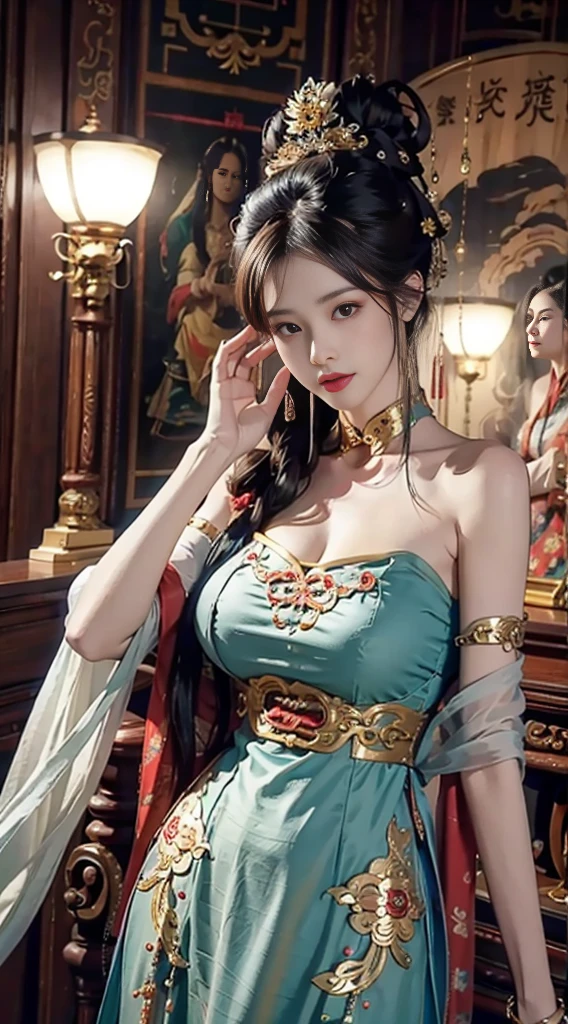 Chinese ancient style美女,Exquisite facial features,In Dunhuang,Sleeping in the Emperor's Bed,Sexy Dunhuang Feixian Dancer Clothes,Heavy makeup,long flowing hair,Flowing sea,favored,Meticulous depiction的脸蛋,Exquisite headdress,Chinese ancient style,Internet celebrity figure,Beautiful and moving,Ambiguous atmosphere,Mature and steady mind,weak and gentle,Masterpiece,Meticulous depiction,Super close range,full of charm,Various styles,Exquisite gentleman wallpaper,seduce men,enchanting,sad expression,ultra high definition,Charming and coquettish poses,Long thin white legs
