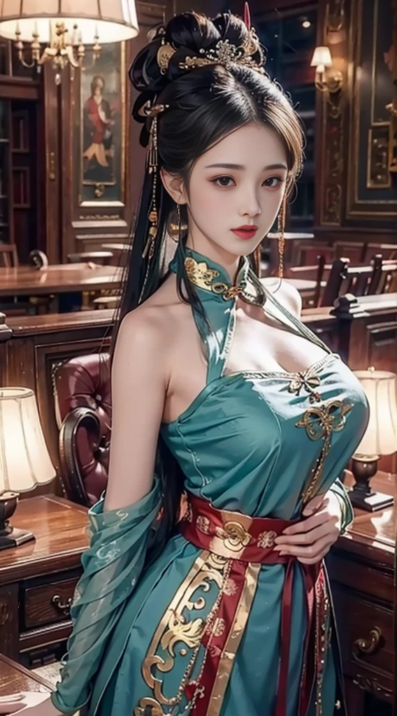 （From the outside） ， multiple colour，Best quality，masterpiece，Realistic photos，Intricate details，RAW photos，court，Gorgeous cheongsam，Extra long hair，Off-the-shoulder design，Delicate face，Showing cleavage，decorate，Perfect fingers，Anatomically correct，(Huge Room，0.8)，Shiny skin，Hands on hips